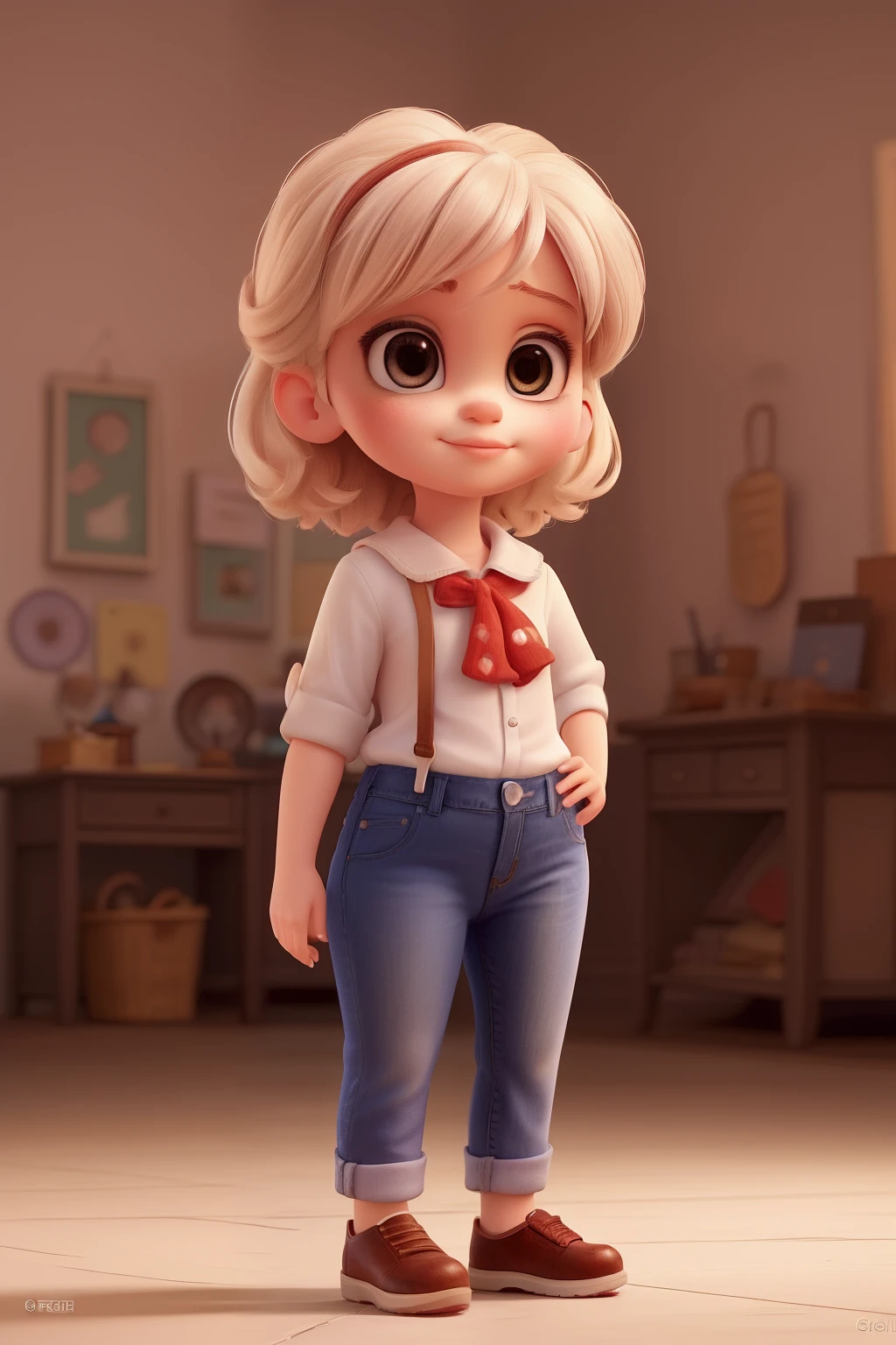 Cartoon Caricature, Adorable, ((Disney Makeup)),Big Eyes Girl,short white hair,whitebackground, Her hands are in graceful ballet mode, Wear long jeans and shoes, small ears;;;;;;;;;, Full body,  intense colors, Very valuable details, complex details, volumetric lighting, digital art, 8k, trending on Artstation, Clear focus, complex details, highly detail, Greg Rutkowski Big Eyes, high-resolution, chubby