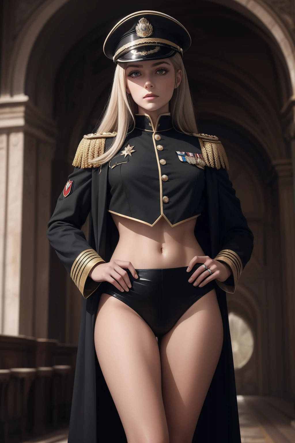 Meisterwerk, best quality, Ultra-detailliert, 4k quality, ausdrucksstarke Augen, Perfektes Gesicht, Perfekte Anatomie, Perfect Body, realistisch, 1Junge, reifer Junge, full entire body, kurzes schwarzes Haar, blasse Haut, Rote Pupillen, Narbe im Gesicht, Detaillierte Augen, Perfekte Augen, silberne Ohrringe, Detaillierte Lippen, Er sitzt auf schwarzem Marmorthron, Black high-level military uniform with silver and gold accessory, Peaked cap, Male Emperor, Ruler of the kingdom, somber atmosphere, gekreuzte Beine