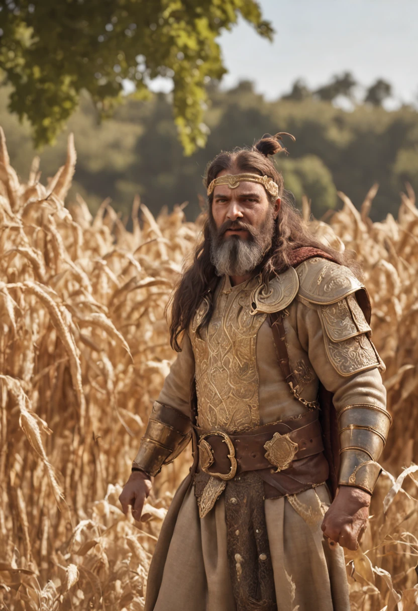 (Professional 3D rendering:1.3) de (Realistic:1.3) foto de arte mais bonita do mundo,((epic hero, rough fantasy, hero, olhar gentil, sorrir, Cabelos Longos, Large beard and strong expression in dynamic pose, passeando, Location in the wheat field on the right side, majestoso ambiente desordenado)), corpo inteiro 8k unidade render, action shot, poros da pele, very dark lighting, sombreamento pesado, circunstanciado, rosto detalhado, (Vibrando, fotografia realista, Realistic, Dramatic, Escuro, foco nítido, 8k), (roupas de um rei, ((Wear a golden crown on your head)); manto majestoso, White tunic and white linen shirt:1.4), (intrincado:1.4), decadente, (altamente detalhado:1.4), Pintura digital, rendering by octane, conceito-arte, liso, foco nítido, illustration, germe da arte, (Loish:0.23), (global ilumination, studiolight, light volumetric), floating particles, fantasia, corpo inteiro,