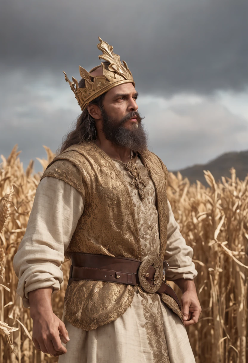 (Professional 3D rendering:1.3) de (Realistic:1.3) foto de arte mais bonita do mundo,((epic hero, rough fantasy, hero, olhar gentil, sorrir, Cabelos Longos, Large beard and strong expression in dynamic pose, passeando, Location in the wheat field on the right side, majestoso ambiente desordenado)), corpo inteiro 8k unidade render, action shot, poros da pele, very dark lighting, sombreamento pesado, circunstanciado, rosto detalhado, (Vibrando, fotografia realista, Realistic, Dramatic, Escuro, foco nítido, 8k), (roupas de um rei, ((Wear a golden crown on your head)); manto majestoso, White tunic and white linen shirt:1.4), (intrincado:1.4), decadente, (altamente detalhado:1.4), Pintura digital, rendering by octane, conceito-arte, liso, foco nítido, illustration, germe da arte, (Loish:0.23), (global ilumination, studiolight, light volumetric), floating particles, fantasia, corpo inteiro,