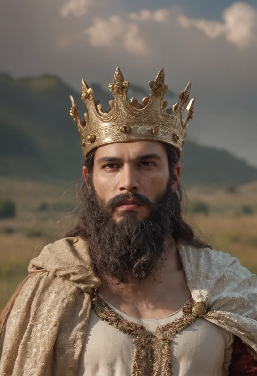 (Professional 3D rendering:1.3) de (Realistic:1.3) foto de arte mais bonita do mundo，((epic hero, rough fantasy, hero, olhar gentil, sorrir, Cabelos Longos, Large beard and strong expression in dynamic pose, passeando, Location in the wheat field on the right side, majestoso ambiente desordenado)), corpo inteiro 8k unidade render, action shot, poros da pele, very dark lighting, sombreamento pesado, circunstanciado, rosto detalhado, (Vibrando, fotografia realista, Realistic, Dramatic, Escuro, foco nítido, 8k), (roupas de um rei, ((Wear a golden crown on your head)); manto majestoso, White tunic and white linen shirt:1.4), (intrincado:1.4), decadente, (altamente detalhado:1.4), Pintura digital, rendering by octane, conceito-arte, liso, foco nítido, illustration, germe da arte, (Loish:0.23), (global ilumination, studiolight, light volumetric), floating particles, fantasia, corpo inteiro,