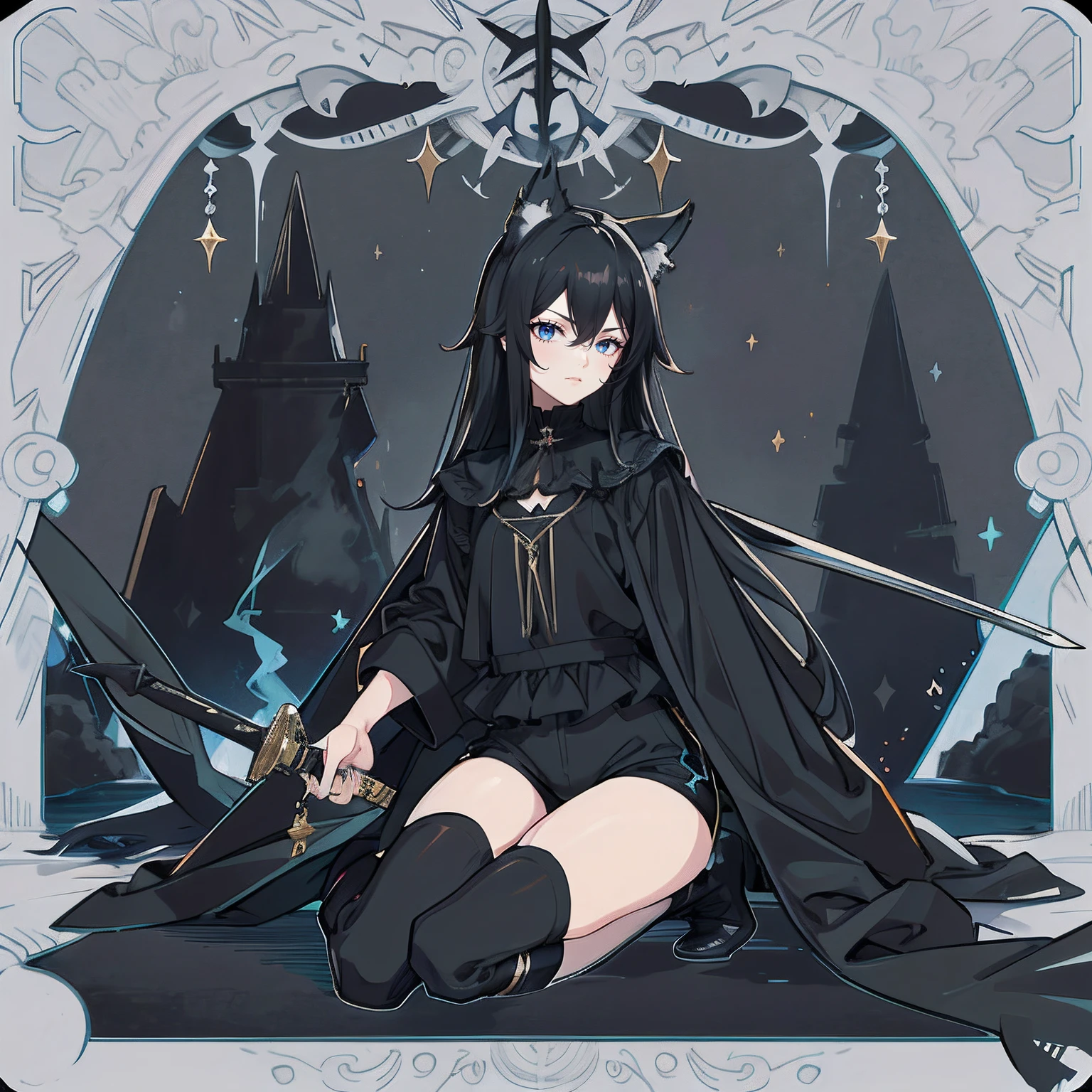 Black long hair, Super Shorts, Black silk boots, dual swords, Black eyes, Wolf ears, Blue-black shirt, Dressed in black, Smoking in the night view, Upstairs, black stockings, blue shorts, white shirt, black vest