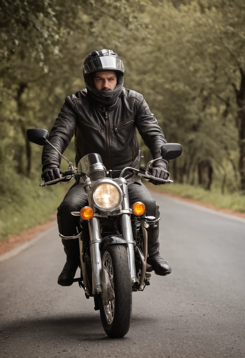 There's a man riding his motorcycle down the road on a cloudy day, imagem de um motociclista masculino, motociclista, pilotando uma motocicleta, motociclista, Andar na estrada, motocicleta, sentado em uma motocicleta, sem capacete, roupas de couro, andar de moto, vestido em couro motociclista, usando uma jaqueta de couro, Motocicletas, andar de moto por uma rua, foto de retrato