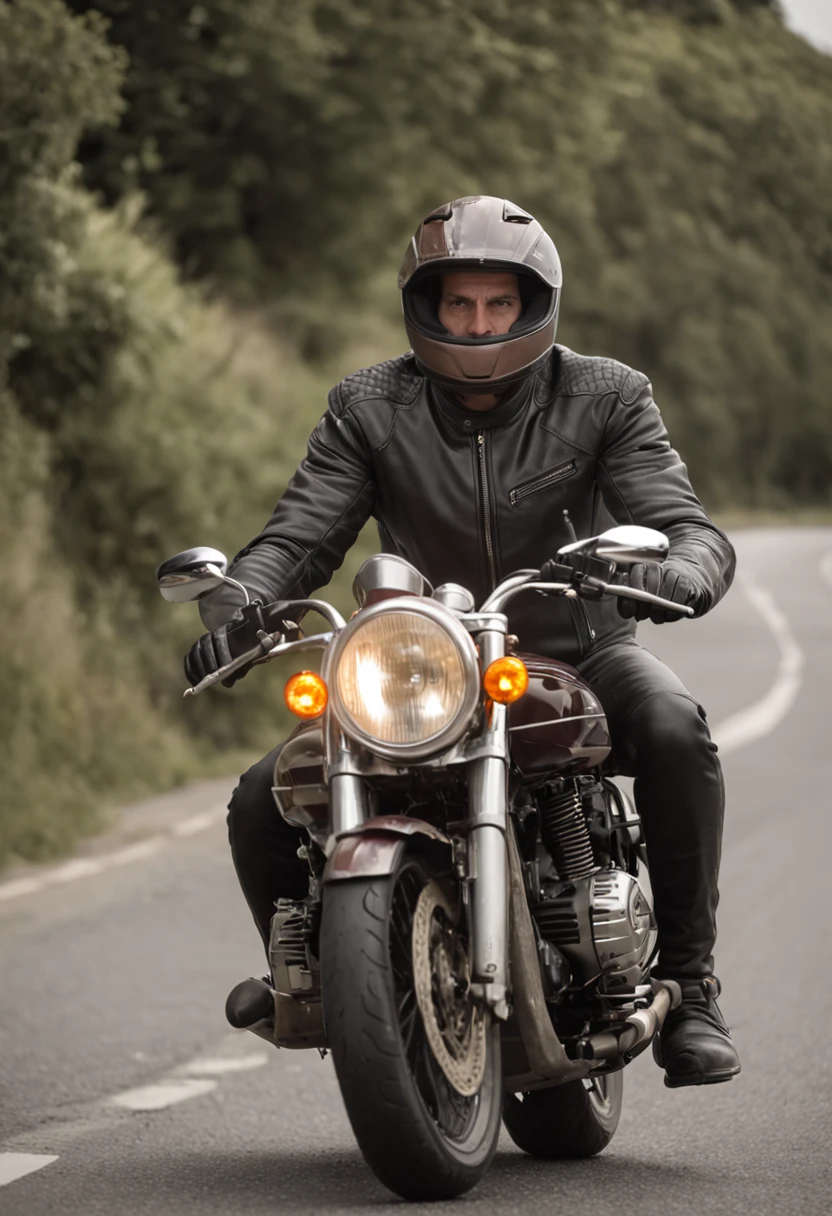 There's a man riding his motorcycle down the road on a cloudy day, imagem de um motociclista masculino, motociclista, pilotando uma motocicleta, motociclista, Andar na estrada, motocicleta, sentado em uma motocicleta, sem capacete, roupas de couro, andar de moto, vestido em couro motociclista, usando uma jaqueta de couro, Motocicletas, andar de moto por uma rua, foto de retrato