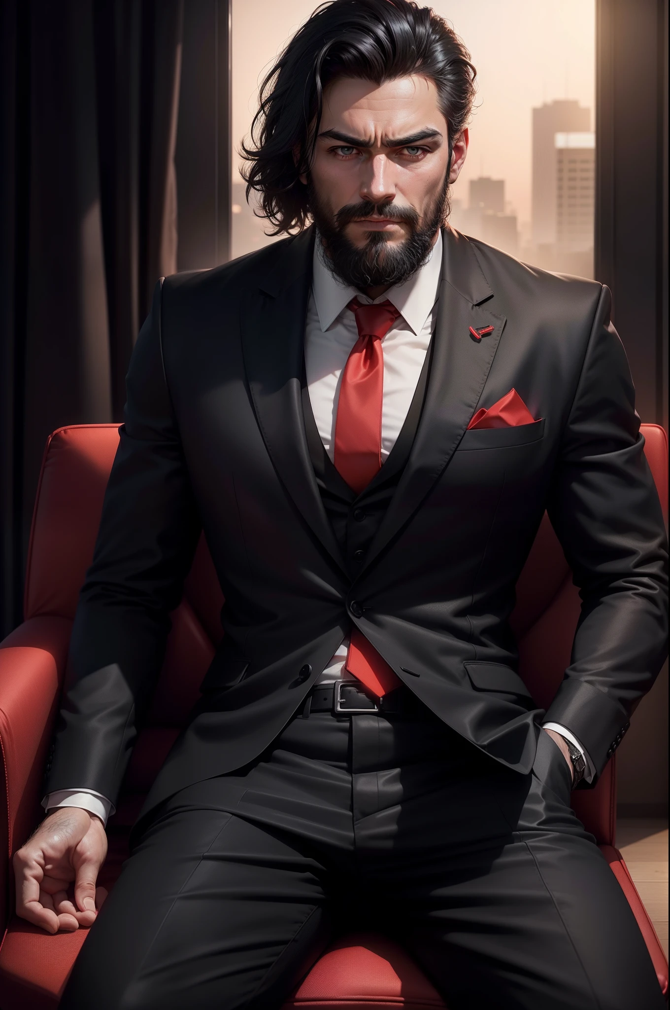 ((half body)) Photo RAW Ceo Man sitting in an office chair, without windows on the room with screens showing investment on the back, red led behind, screens with invesments, wearing black suit, (Using Dark Beard) movie scene, (Impeccable) ,Serious and elegant man, , with thick male eyebrows, (with mysterious and serious face,) short dark hair, dark black with bottom red light background image, elegant, ( high quality and realistic image), ((Best Quality, 8k, Masterpiece)