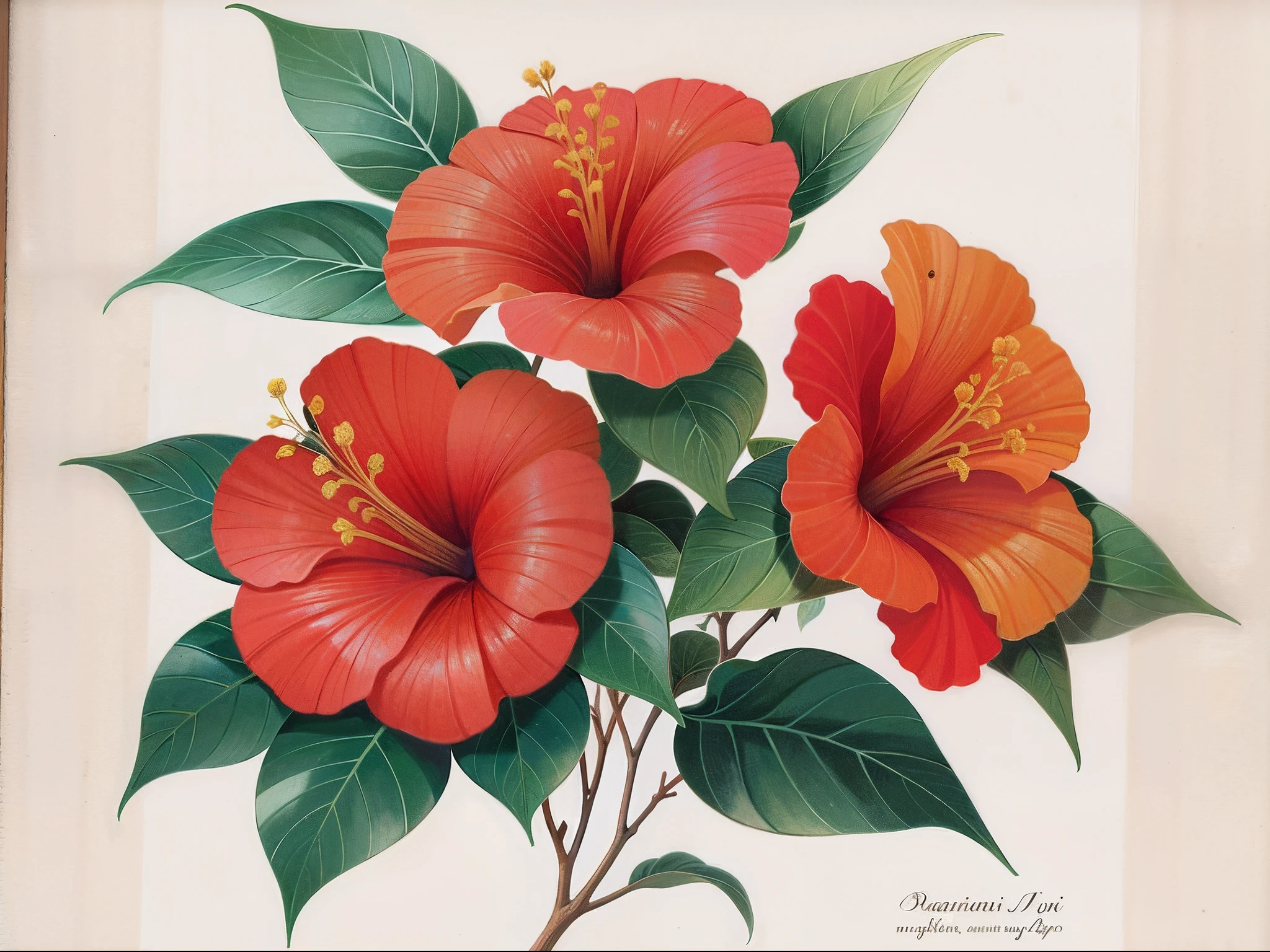 Hay una imagen de una pintura de una flor con hojas, por Ayako Rokkaku, Flores de hibisco, hibisco, por Unkoku Togan, botanical artwork, por Ikuo Hirayama, Full color illustration, cubierto con hibisco rojo, Flores tropicales en flor, botanical art, por Dorothy Elizabeth Bradford, por Paul Bodmer, flores y follaje