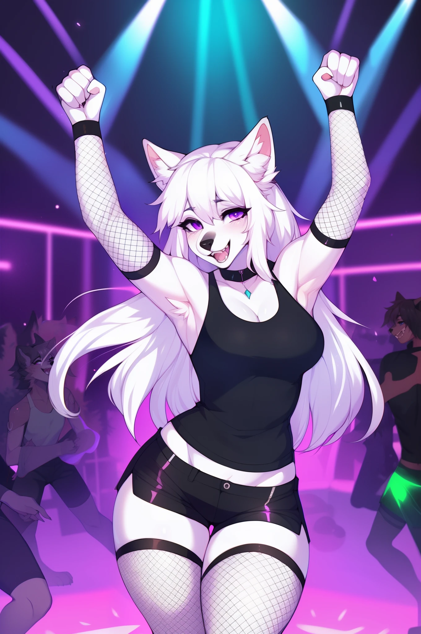 "by hyattlen, by claweddrip, by fumiko, high quality, good anatomy, fix face, sharpened resolution, clear purple eyes, black nose, cute snout, canine teeth, open mouth, smiling, blending in with character"