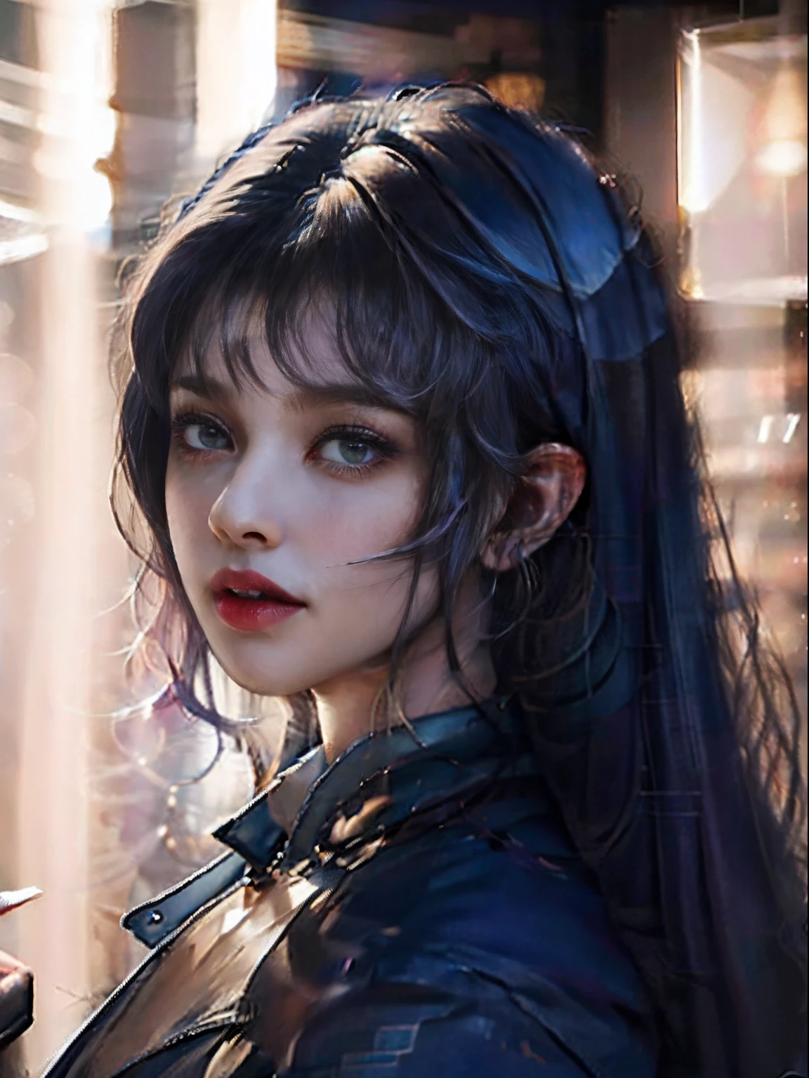 A lovely young man,Blue-purple gradient of broken hair,Inside the black leather coat are thin muscles,Light blue denim trousers,Black Martin boots,Gem-green pupils,Thin bangs,Tall nose pale pink mouth,Stand passionately,Next to the lively bar,Colorful light,Highest image quality,Ultimate light and shadow effects,Meticulous hands,Cinematic light and shadow