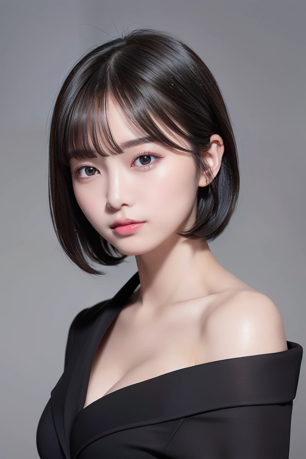 high resolution portrait。With a symmetrical face、Have clear, smooth skin and a radiant complexion。The facial features are well defined、High cheekbones、Straight nose、Characterized by plump lips。The eyes are large and expressive、Have long, thick eyelashes and perfectly groomed eyebrows。The makeup is modern and edgy.、Matte foundation、Berry blush、Strong contouring、metallic eyeshadow、Silver highlights、Wearing dark plum lipstick。Asymmetrical bob cut hairstyle、Wearing a modern ear cuff。The background is simple and elegant.、The focus is on her face.。The lighting is soft and inviting、Enhance her features、It gives an edgy impression.。