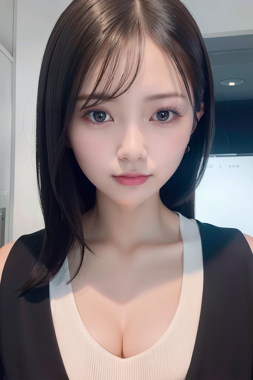Best quality, high details, high resolution, HD, 16k,Close-up photo of shoulder-length short black hair girl in suit uniform, ultraclear, Flawless and delicate face, True delicate skin, big breasts beautiful, Delicate and clear eyes, Look at the screen, Simple, (simple Red background)