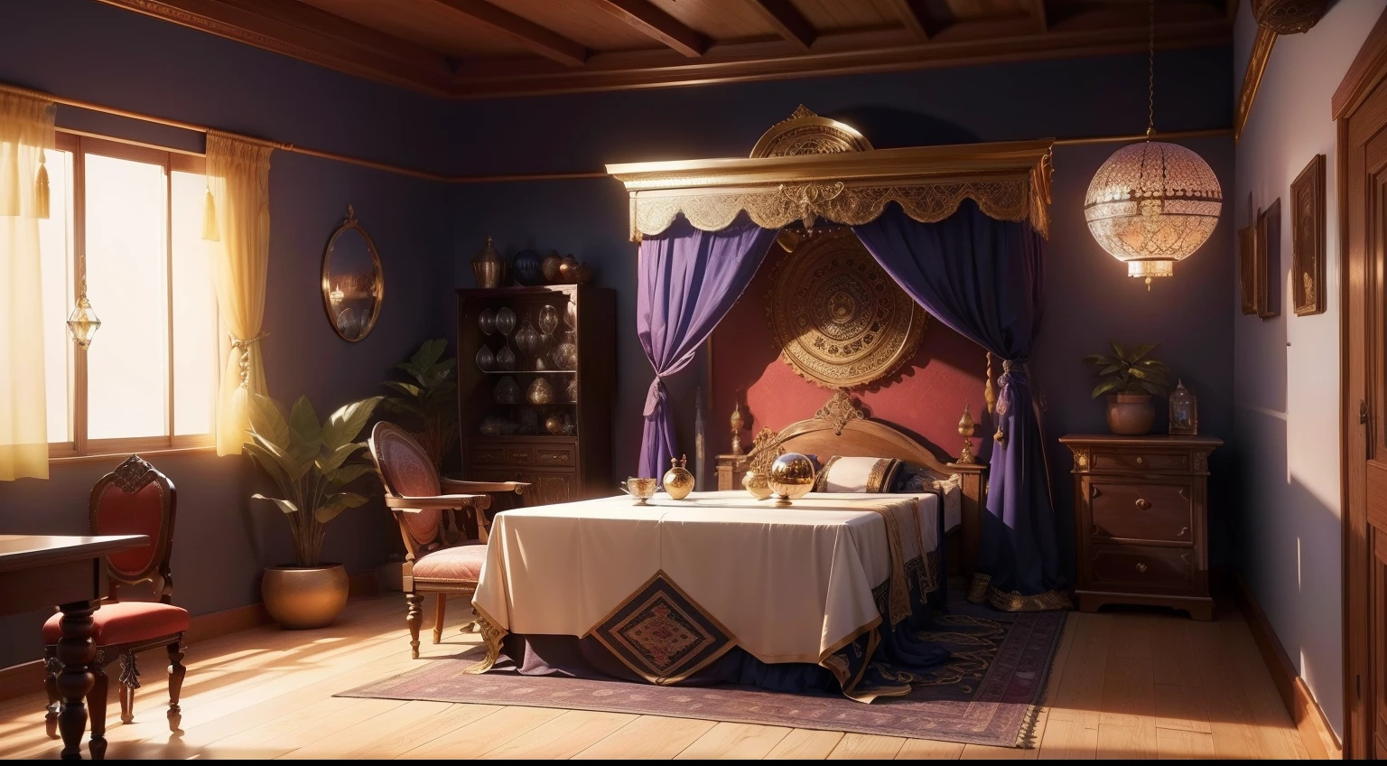 Make a picture of a fortune teller room,realistic with furniture in the background and a table in the center with crystal ball,sem cadeiras,imagem na horizontal,((qualidade superior、8k、obra prima:1.3))、Sharp:1.2,sem lampada,sem lustre