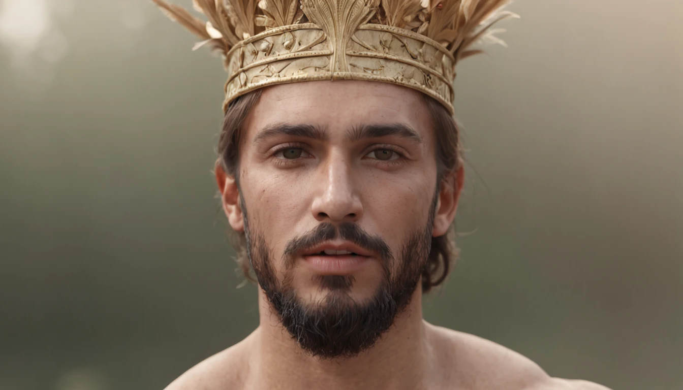 (Professional 3D rendering:1.3) de (Realistic:1.3) foto de arte mais bonita do mundo,((epic hero, rough fantasy, hero, olhar gentil, sorrir, Cabelos Longos, Large beard and strong expression in dynamic pose, passeando, Location in the wheat field on the right side, majestoso ambiente desordenado)), corpo inteiro 8k unidade render, action shot, poros da pele, very dark lighting, sombreamento pesado, circunstanciado, rosto detalhado, (Vibrando, fotografia realista, Realistic, Dramatic, Escuro, foco nítido, 8k), (roupas de um rei, ((Wear a golden crown on your head)); manto majestoso, White tunic and white linen shirt:1.4), (intrincado:1.4), decadente, (altamente detalhado:1.4), Pintura digital, rendering by octane, conceito-arte, liso, foco nítido, illustration, germe da arte, (Loish:0.23), (global ilumination, studiolight, light volumetric), floating particles, fantasia, corpo inteiro,