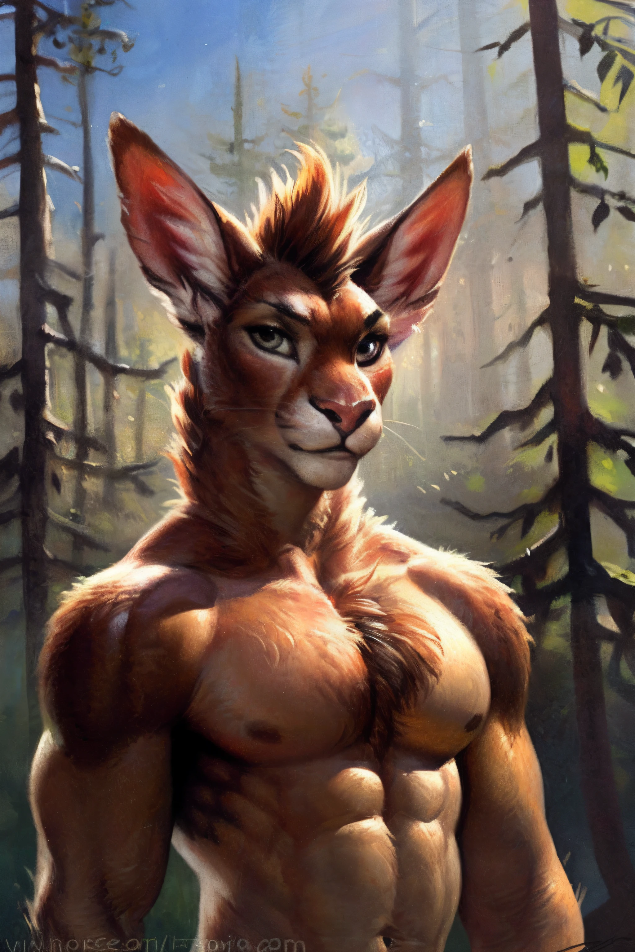 , by Bonifasko, kenket, ruan jia, ross tran, solo, full size shot of a faun, small head, muscular, mesomorph, sexy, fur, forest, trees, anthro, mane, hi res, detailed, male, looking at viewer, sky