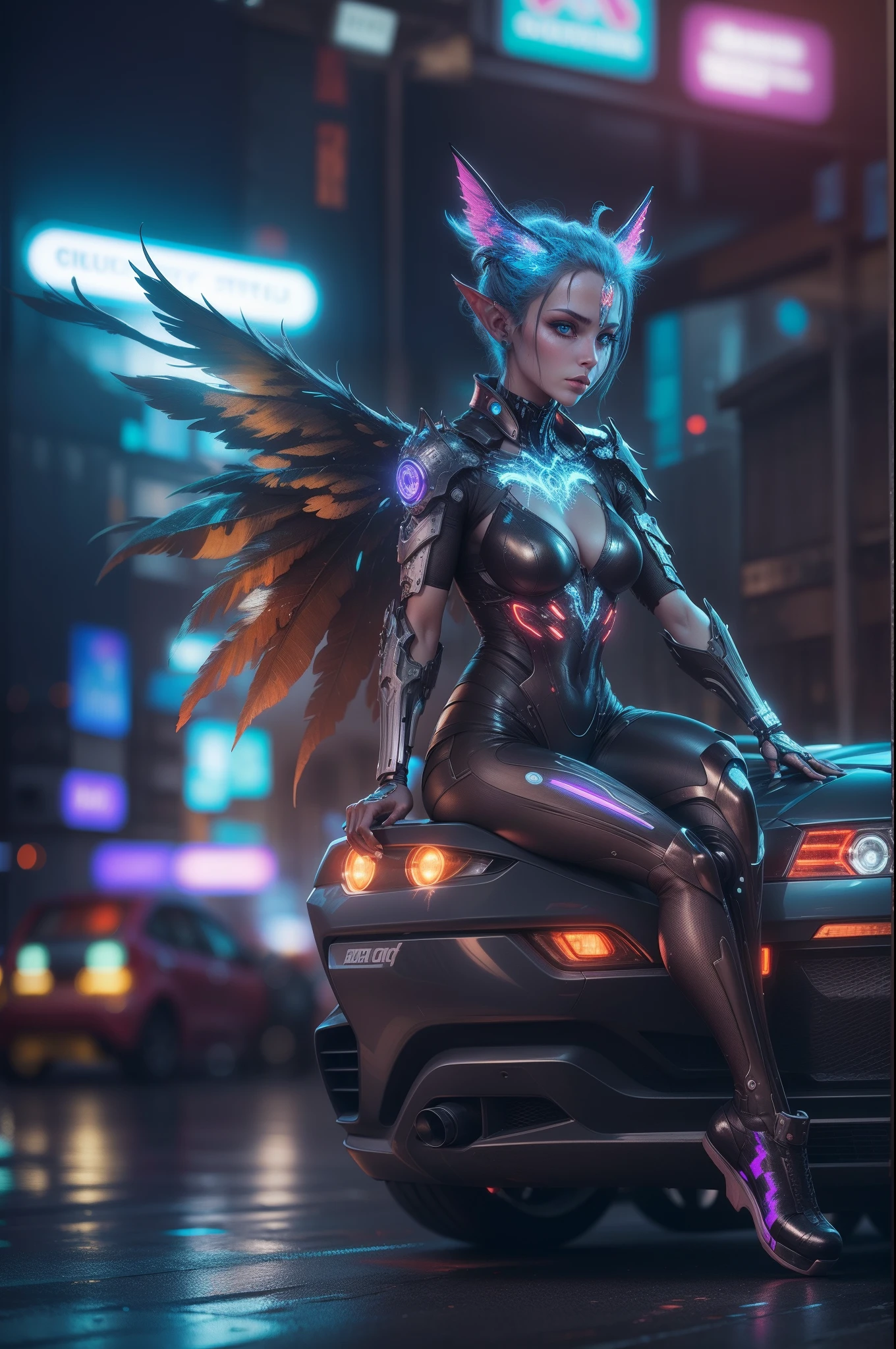 beautyful cyberpunk faery with wings of steel ultradetailed cyborg body in a night city crouching on a futuristic Car locking at the viewer, Beautyfull Face, wings with iluminations, Lens Flares, 4k Ultra Resolution , Bokee, Hyper real Reflections