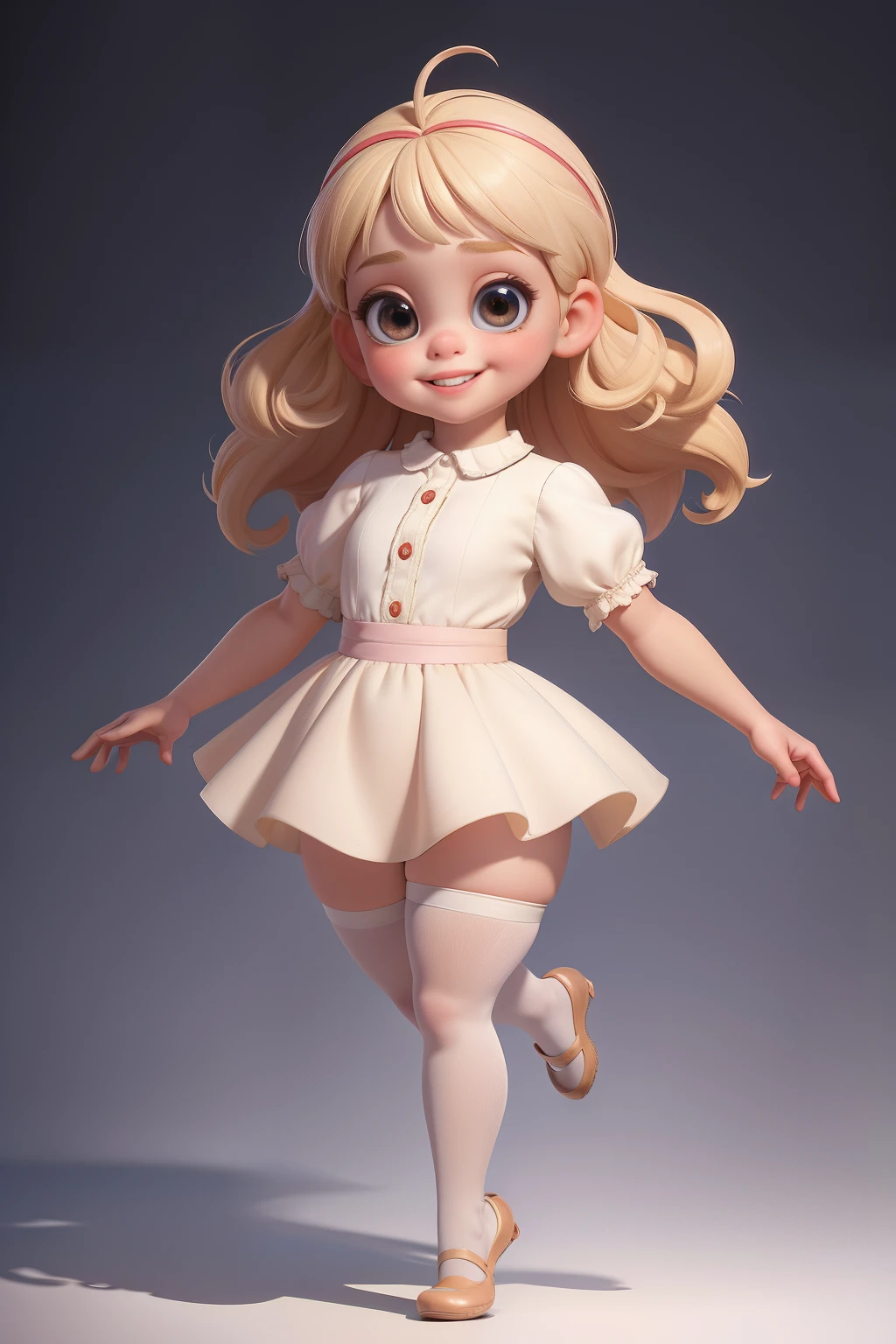 Cartoon Caricature, Adorable, Fat *********** ,Big Eyes Girl, Smileing,whitebackground, Her hands are in graceful ballet mode, Wearing thigh stockings , small ears;;;;;;, Full body,  intense colors, Very valuable details, complex details, volumetric lighting, digital art, 8k, trending on Artstation, Clear focus, complex details, highly detail, Greg Rutkowski Big Eyes, high-resolution, blonde hair