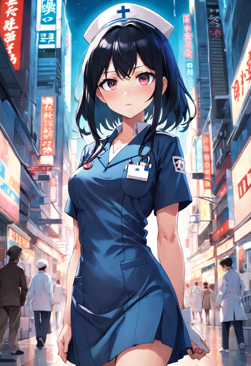 "Create an anime nurse character with sleek black hair, dramatic mascara, captivating grey eyes, dressed in a form-fitting nurse uniform that accentuates her figure, cleavage, and a hint of provocatively protruding nipples from the shirt, blushing and cute