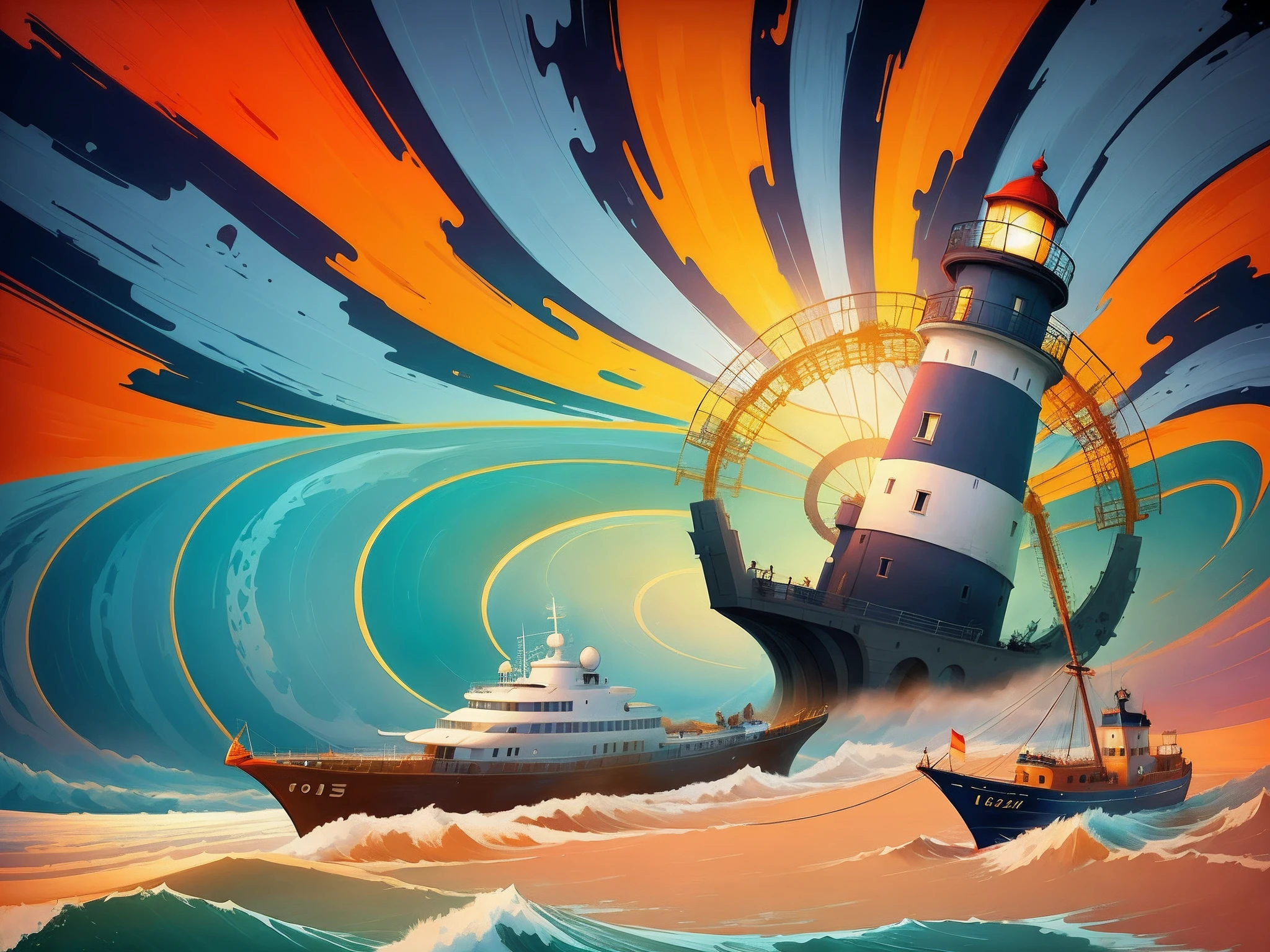 painting of a lighthouse and a boat in a stormy ocean, inspired by Cyril Rolando, in style of cyril rolando, cyril rolando and m.w kaluta, cyril rolando and m. w kaluta, stylized digital illustration, by Cyril Rolando, cyril rolando and goro fujita, jen bartel, background artwork
