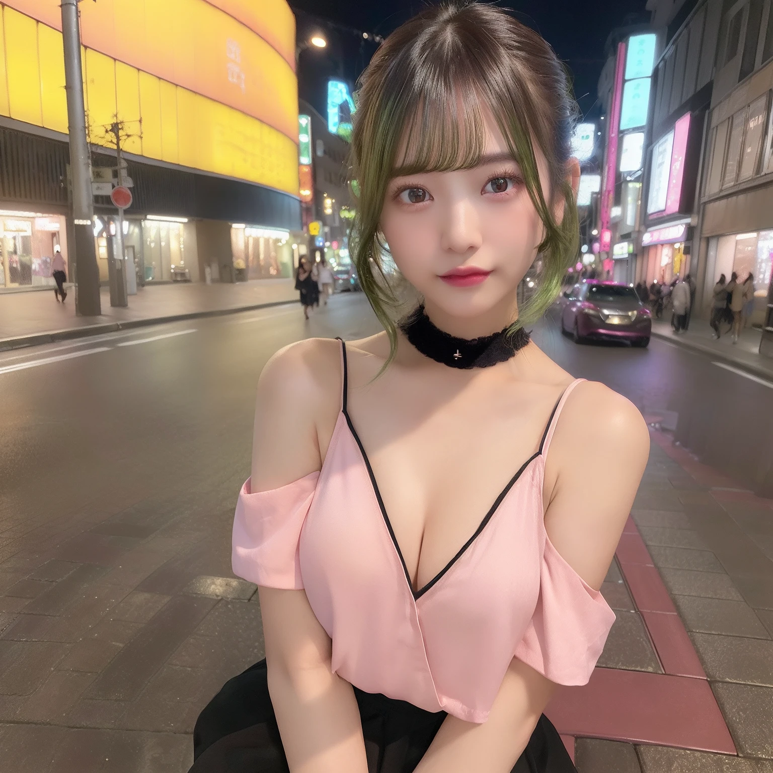 (8K、RAW Photos、top-quality、masterpiece、Best Quality , ( Photorealistic : 1.4 )、japanes, 1 girl、25-years old、Female、city street at night、high key lighting、natural soft light、Radio City、Full body、Detailed lips、detailedeyes、medium breasts、Wearing a beige coat、Exposed cleavage、exposed shoulder、Thigh exposure、(cammel toe)、perfectbody、shinny skin、Make eye contact with the camera, Pink Sakura Off Shoulder, (ombre hair, Short hair, Black and green hair ), Black Choker Necklace, smile eyes, Naughty face, Valley Fat,Black short gore skirt, short height, Tattoo leg, Piese Pose, only one girl