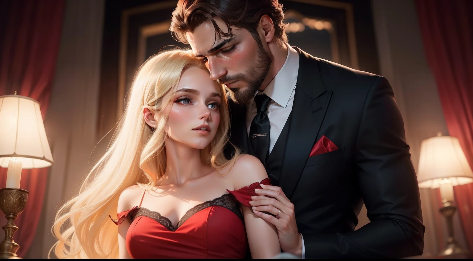 +Estiloso homem de cabelo moreno com barba bem feita, Terno elegante [:(fato preto:1.2+camisa branca+gravata vermelha)], tenderly embracing a delicate and sensual blonde woman in a dazzling red dress in a setting lit by the light of night:.