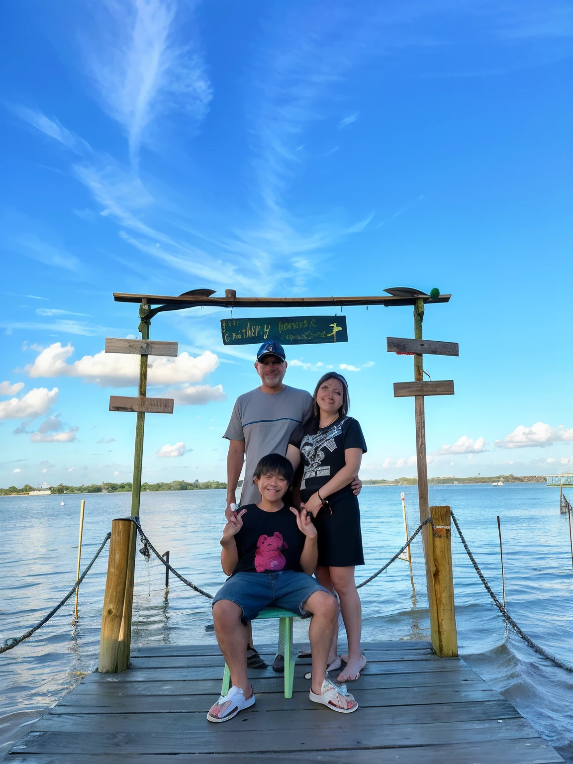 there are two people and a sitting on a bench on a dock, vacation photo, photoshot, foto, family, happy family, standing on the water ground, photo taken in 2 0 2 0, taken in 2 0 2 0, family photo, husband wife and son, having a great time, wide portrait, with backdrop of god rays, near a jetty