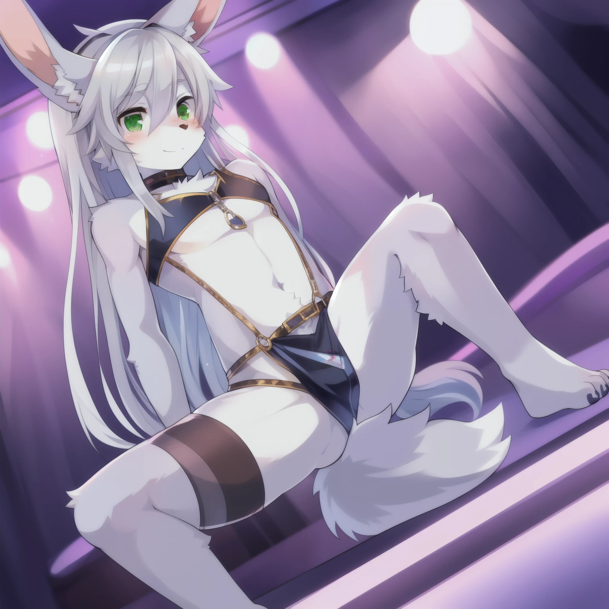1boy, solo (thin:1.5), (twink), kemono, Furry, furry bunny, anthropomorphic, male, silver fur, green eyes, long hair, silver hair, strip club, revealing outfit, uploaded on e621,