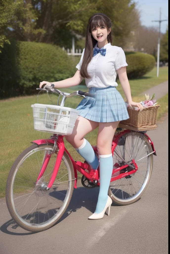 Full body shot, gigantic boobs、The ultimate beautiful girl at 20 years old、plump curvy buxom figure,cute very beautiful face、Long bangs that extend to the eyes, nose and mouth、The most beautiful brunette hair in the world、Super long straight hair、twin tails hairstyle,Glowing big beautiful light blue eyes、White and beautiful shiny skin、giggling, she's wearing a school uniform with white buttoned blouse and a red tartan plaid skirt , white overknee socks and high heeled stilettos, standing with a bicycle near a meadow