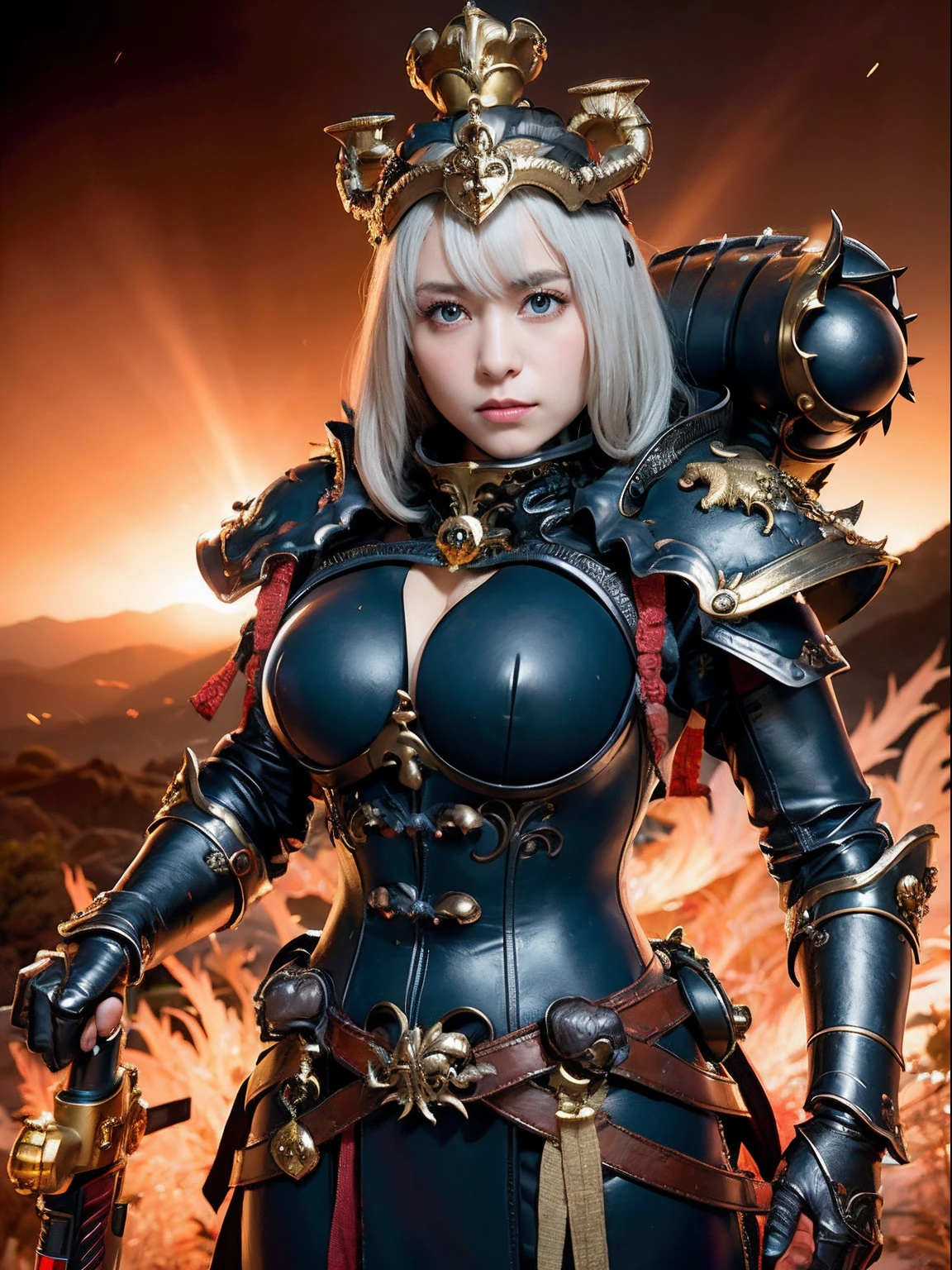 (masutepiece), Professional , ​masterpiece、top-quality、photos realistic , depth of fields 、（Dragon Black Metal Body:1.９),(Matte Blue Black、（cleavage of the breast）、Dragon Gold Weapon（Dragon Metal Body:1.４),Gorgeous gold weapons ,（（ Dragon's dense and gorgeous sword）） , （demonic wings）   ,warhammer 40k , adepta sororitas,Detail and gorgeous crown、（（a blond））、（Castle background）、（（Gangle's forest background））、Beautiful Caucasian beauty、１a person、dynamic ungle,(((Detailed and ornate dragon helmet)))、Smaller head、A smile、Castle background、Thin and beautiful female hands、cleavage of the breast、Soldier in iron armor on background、Mystical expression、Light Effects、intense fighting、Wind-effect、magic circles、With the legendary magic wand、Dragon's tail、