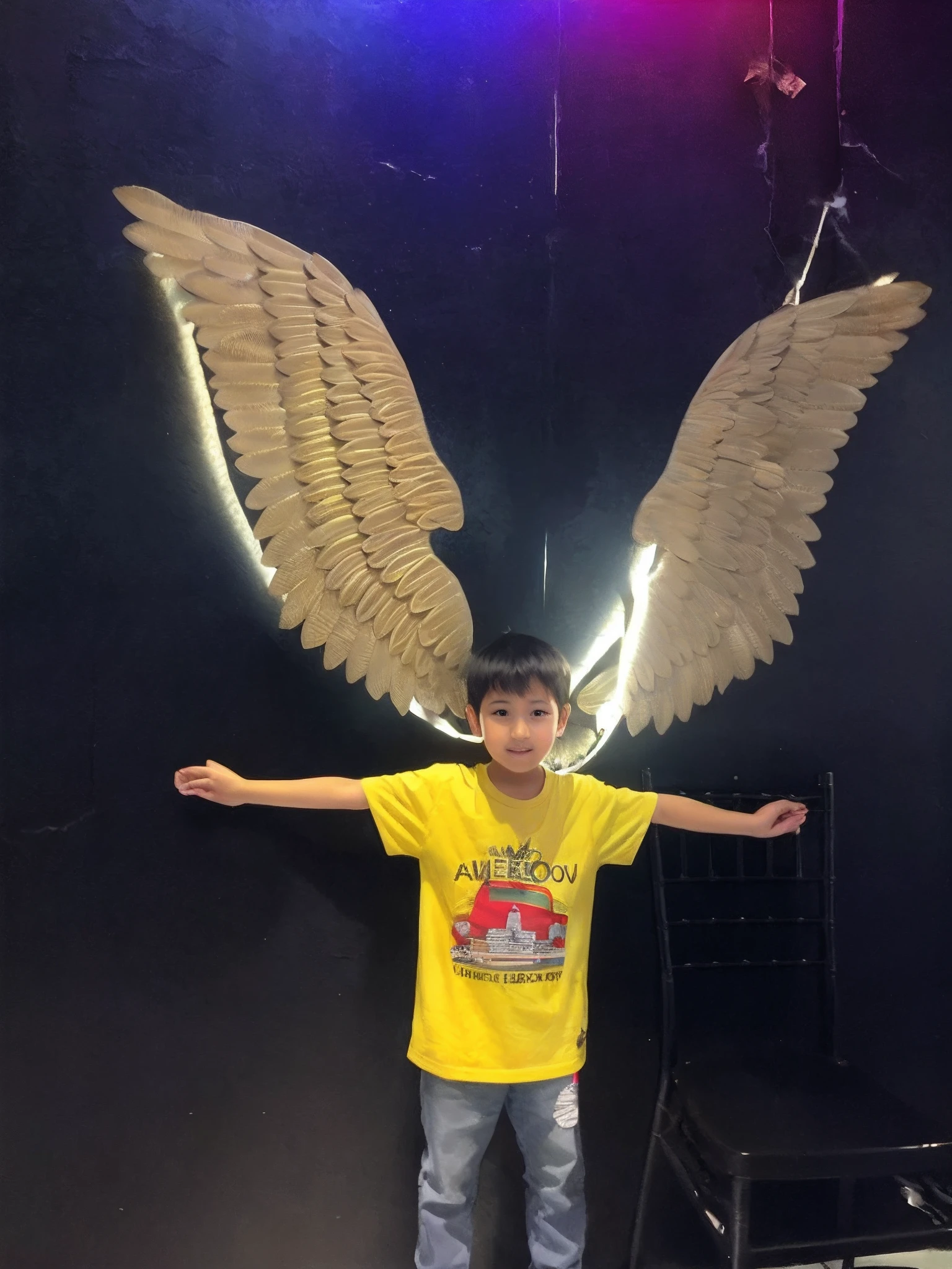 arafed boy standing in front of a wall with wings, winged boy, giant wings, huge wings growing out of arms, huge wings, large wings, big wings, with real wings, huge feathery wings, gold wings, winged human, grand angel wings, massive wings, epic angel wings, big angel wings wide open, massive angel wings