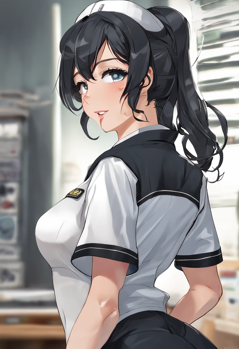 "Create an anime nurse character with sleek black hair, dramatic mascara, captivating grey eyes, dressed in a form-fitting nurse uniform that accentuates her figure, big cleavage, and provocatively protruding nipples from the shirt, blushing and cute