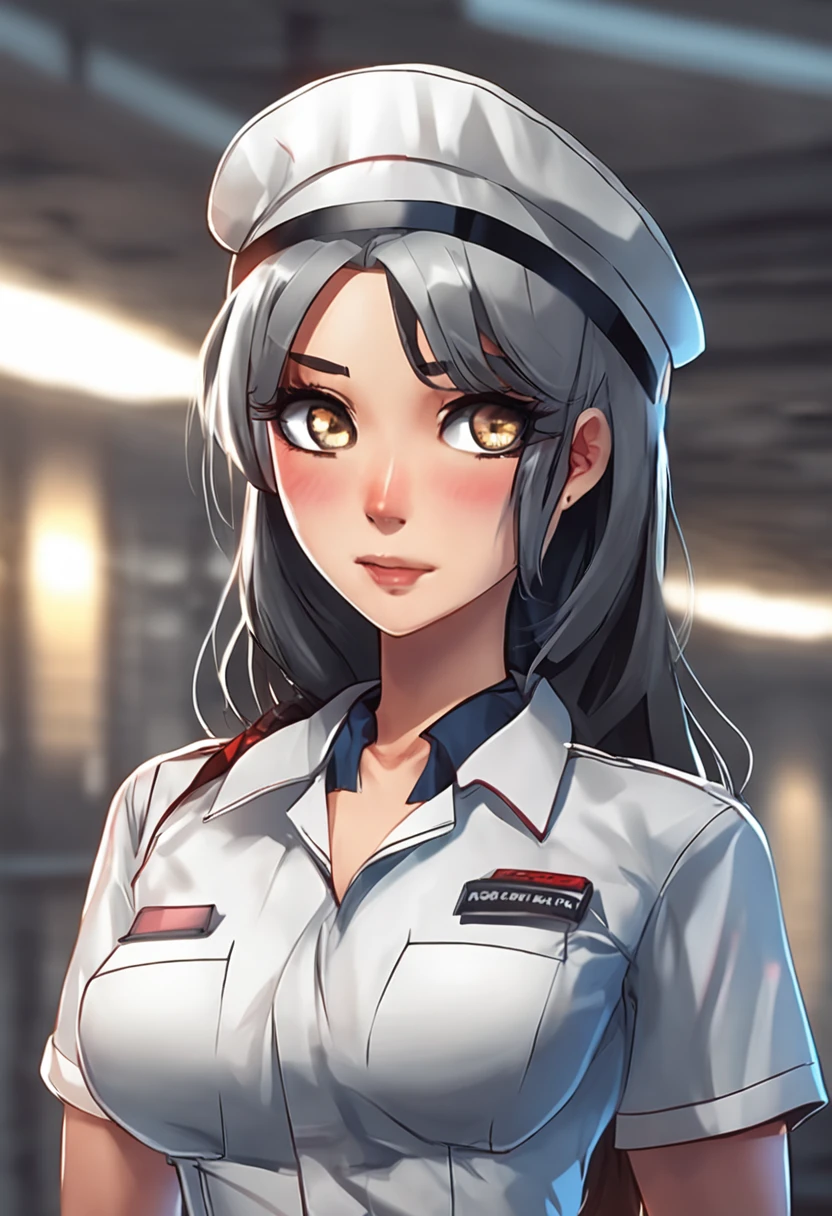 "Create an anime nurse character with sleek black hair, dramatic mascara, captivating grey eyes, dressed in a form-fitting nurse uniform that accentuates her figure, big cleavage, and provocatively protruding nipples from the shirt, blushing and cute