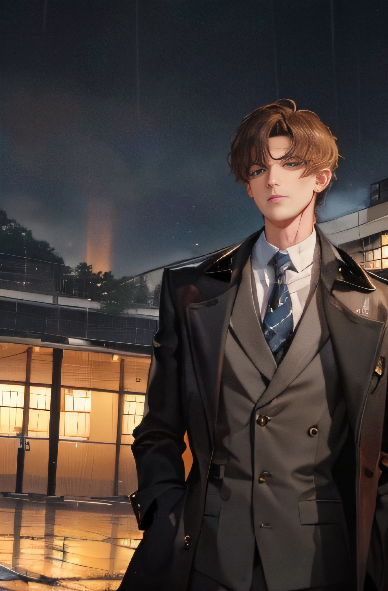 Shock, on the plastic runway, next to the school teaching building, there are several street lamps, heavy rain (high resolution, distinct_image) superb man, masterpiece, high detail, semi-realistic, brown short hair man, brown hair, short hair, medium hair, 18 years old, young, tall and strong, blackened coat, gray-blue clothes, students, college, , dashing, natural, handsome, authoritarian, powerful aura, exquisite facial features, facial details, man standing on a huge playground, the sky is raining heavily, rain mixed with sweat on the man's body, On the school playground, the background is on a plastic track