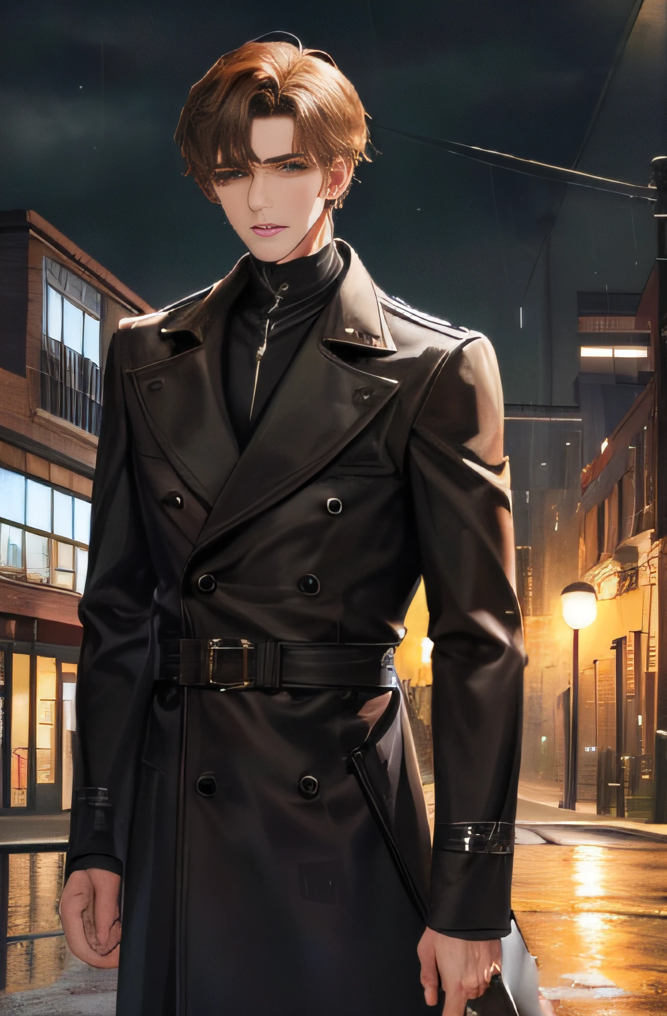 Shock, on the plastic runway, next to the school teaching building, there are several street lamps, heavy rain (high resolution, distinct_image) superb man, masterpiece, high detail, semi-realistic, brown short hair man, brown hair, short hair, medium hair, 18 years old, young, tall and strong, blackened coat, gray-blue clothes, students, college, , dashing, natural, handsome, authoritarian, powerful aura, exquisite facial features, facial details, man standing on a huge playground, the sky is raining heavily, rain mixed with sweat on the man's body, On the school playground, the background is on a plastic track