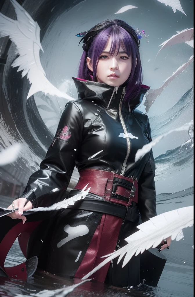 (best quality), (masterpiece),(ultra-detailed:1.2),(photorealistic:1.1),(highres),
1girl,
konan ,akatsuki outfi, labret piercing, (paper:1.2),
ripples,swirling ,