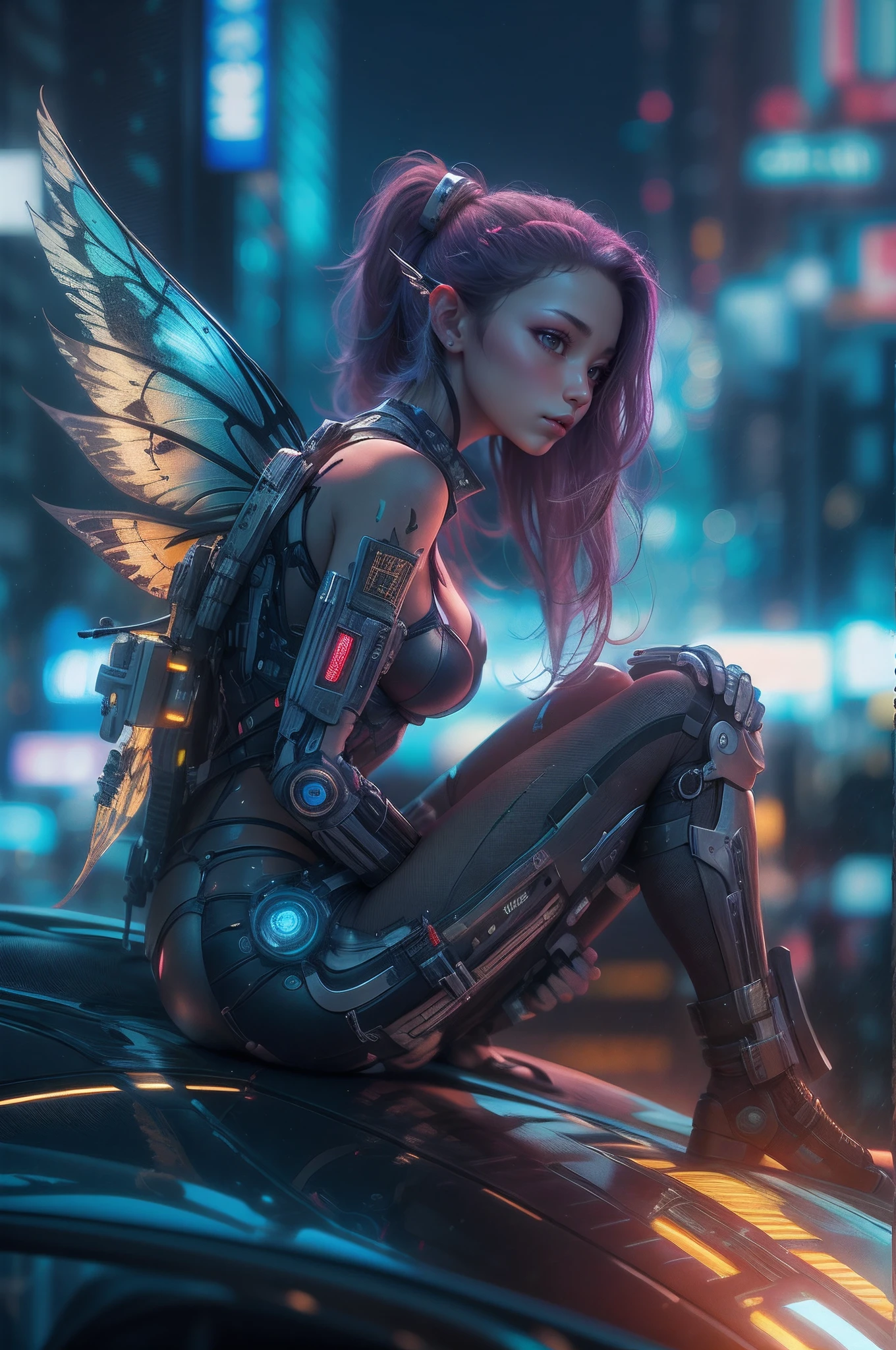 beautyful cyberpunk faery with wings of steel ultradetailed cyborg body in a night city siting on a futuristic Car locking at the viewer, Beautyfull Face, Steel wings with iluminations, Lens Flares, 4k Ultra Resolution , Bokee, Hyper real Reflections
