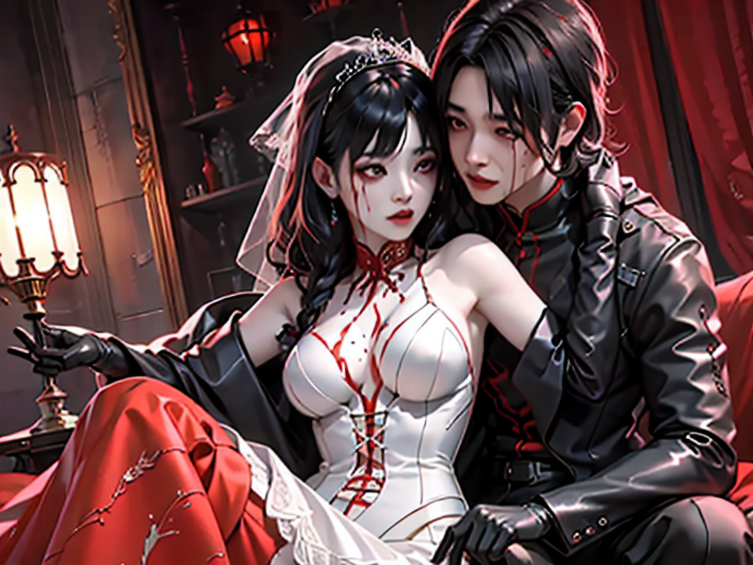 arafed, high details, best quality, 16k, [ultra detailed], masterpiece, best quality, (extremely detailed), dynamic angle, ultra wide shot, RAW, photorealistic, a wide angle picture of a vampire bride biting  her groom, a [female vampire] bride (best details, Masterpiece, best quality) vampire female in a white latex wedding gown with blood stains (best details, Masterpiece, best quality), ultra detailed face (best details, Masterpiece, best quality), ultra feminine, grey skin, red haired, long hair, wedding hair cut style, blue eyes, intense eyes, wearing model715 black latex wedding dress bloody gown (best details, Masterpiece, best quality), wearing white high heels, in the honeymoon suite (best details, Masterpiece, best quality), biting the the groom, bloody face, BREAK a beautiful human man (best details, Masterpiece, best quality), ultra detailed face (best details, Masterpiece, best quality), wearing a white wedding tuxedo (best details, Masterpiece, best quality), honeymoon suite background, Ultra-Wide Angle, high detail, award winning, best quality, HD, 16K, 3D rendering, high details, best quality, highres, ultra wide angle, 3D rendering, [[anatomically correct]]
