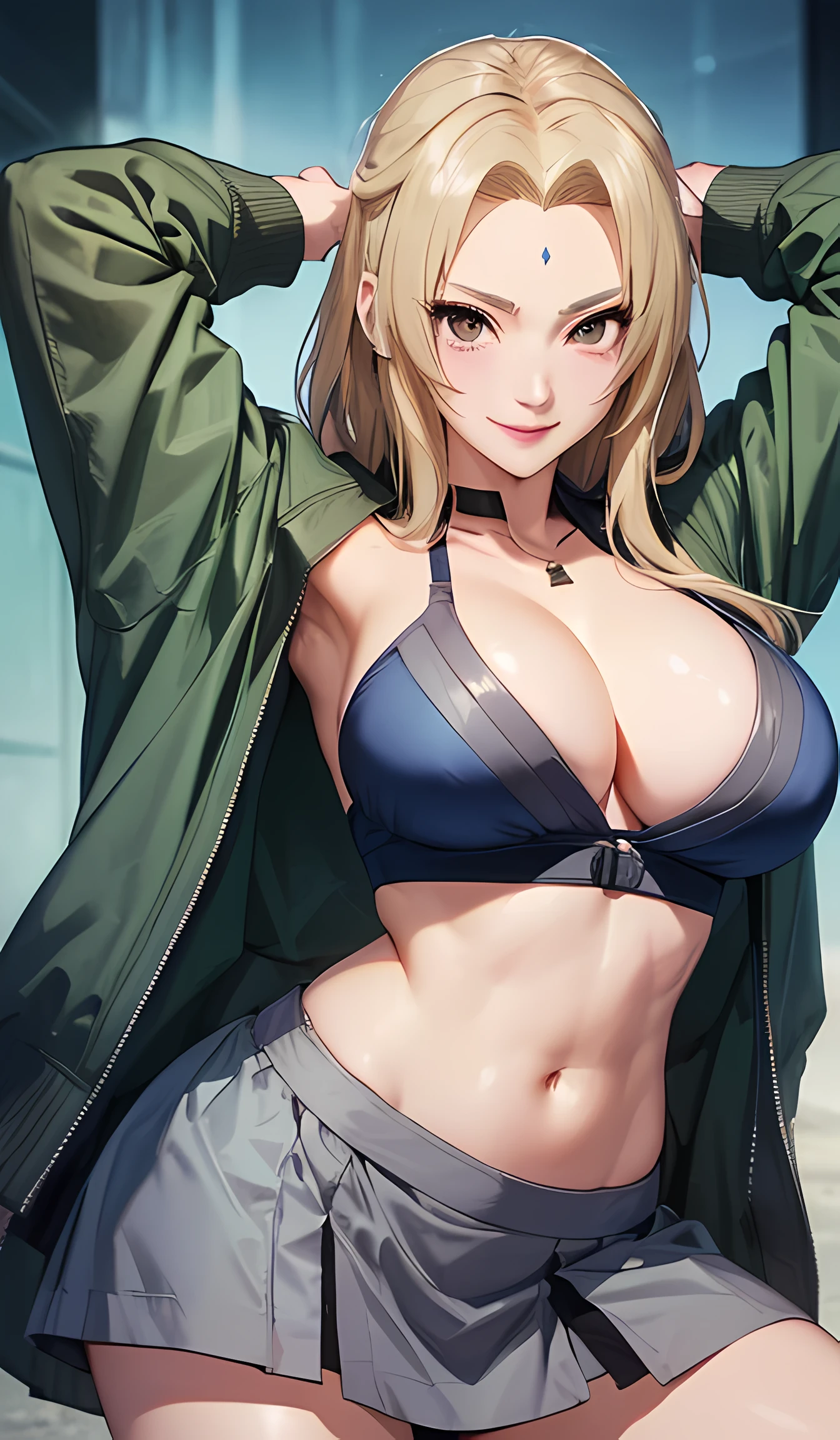 T5un4D3, marks,Tsunade, ((Gray kimono,Gray skirt、 Dark blue sash, The jacket is a green jacket))、8K, 1girl in, 独奏,cleavage of the breast,(​masterpiece:1.4),(Top image quality:1.4),(glowy skin),Tsunade_senju、A smile、Big thighs、Big ass,