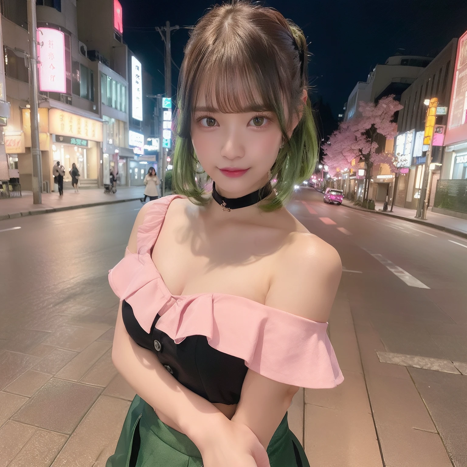 (8k、RAW Photos、top-quality、masterpiece、best quality , ( photorealistic : 1.4 )、japanes, 1 girl、25-years old、female、Street at night、High-key lighting、natural soft light、Radio City、full body、Detailed lips、detailedeyes、medium breasts、Wearing beige coat、Exposed cleavage、exposed shoulder、Thigh exposure、(cammel toe)、perfectbody、shinny skin、Make eye contact with the camera, pink Sakura off shoulder, (ombre hair, short hair, hair black and green ), black choker necklace, smile eyes, naughty face, valley fat,black short gored skirt, short height, tattoo leg, pieace pose, just 1 girl