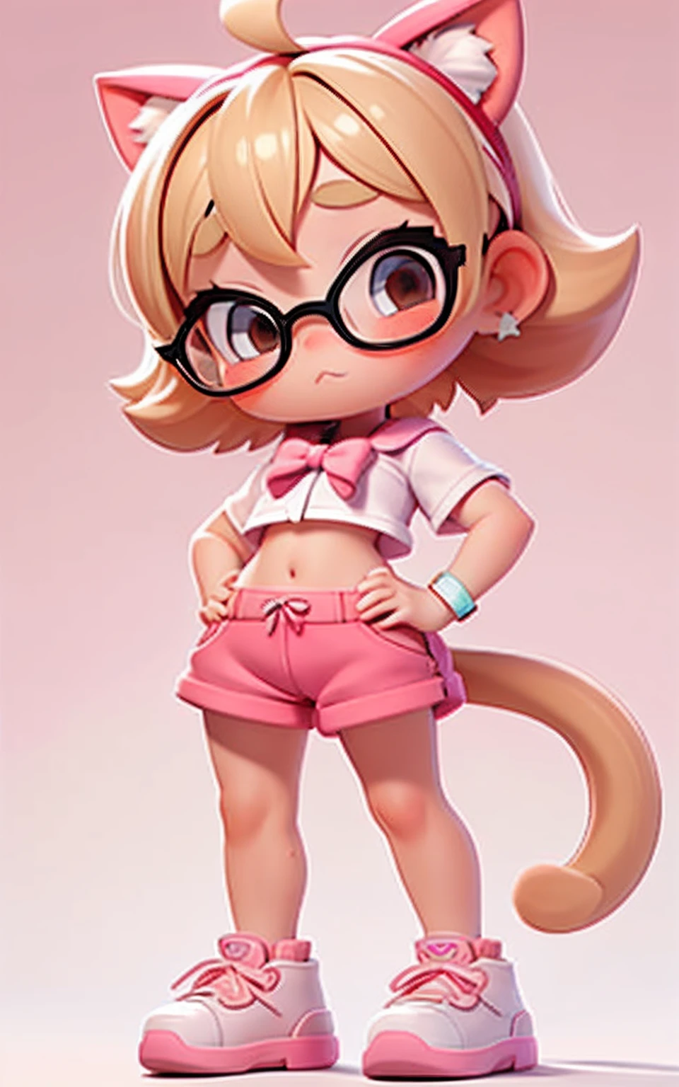 pixar, 1girl, cat, blonde hair, cute glasses, brown eyes, star hair ornament, hair ornament, blush, bow, star (symbol), looking at viewer, ahoge, closed mouth, hair bow, animal, crop top, short pants, head rest, short hair, solo, bangs, child, pink bow, female child, thick eyebrows, white shirt, full body, sexy pose