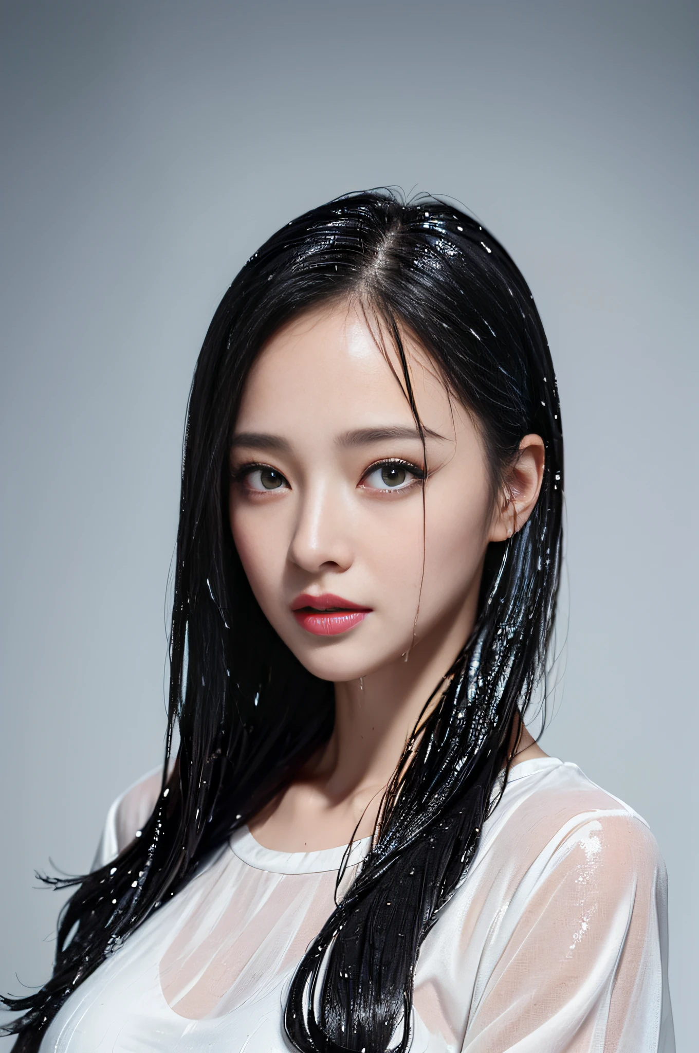 (Best picture quality, 4k, Masterpiece :1.3), Beautiful, 1girl, Sexy :1.1, pitch black hair: 1.1, (Wet, wet body :1.2), white blouse, Super fine face, Fine lips, Fine eyes, Double eyelids eyelid