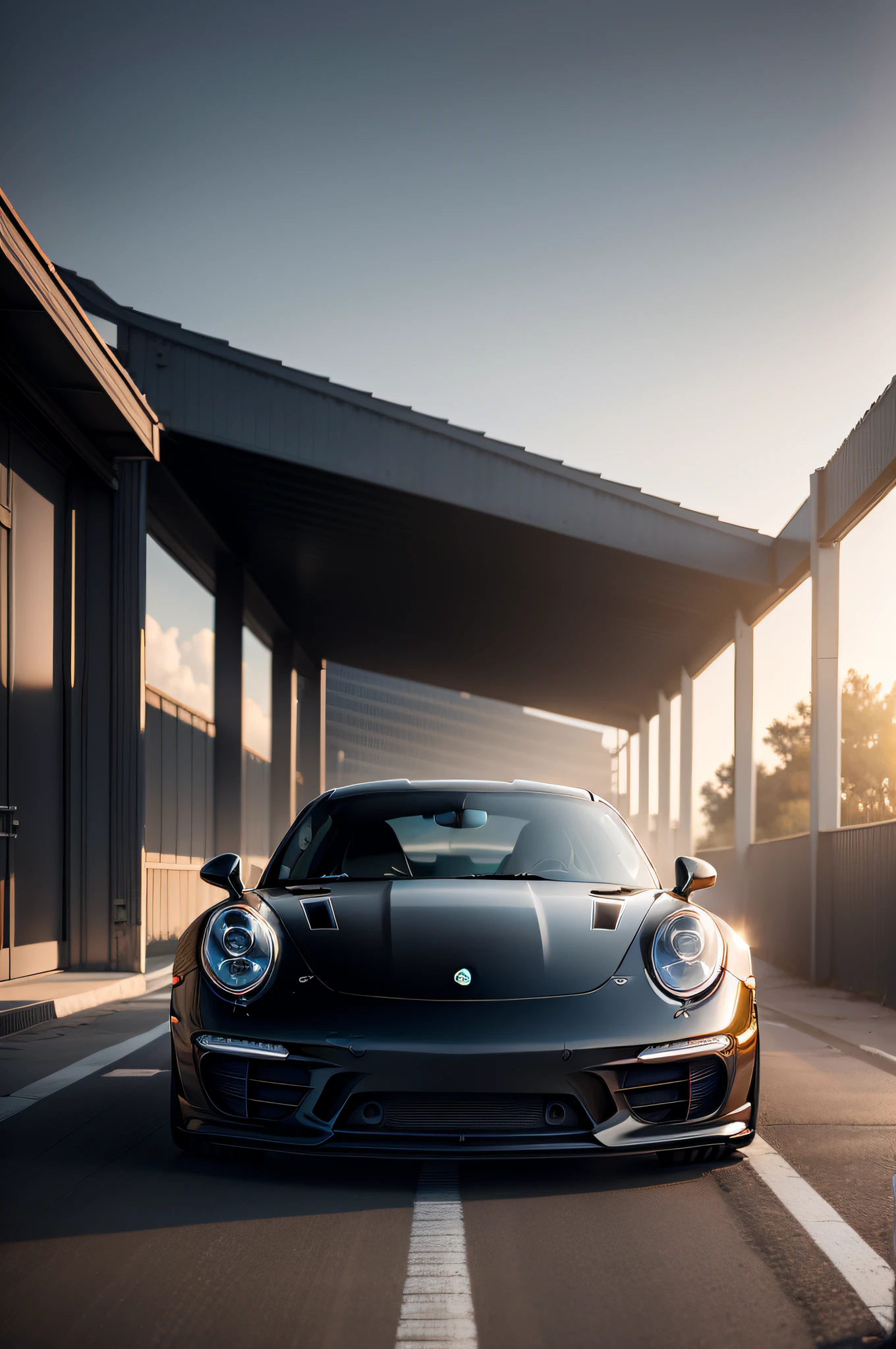 A Black Porsche 911 GT coming fsat on an airfield, evening shaded, low sunlight, UHD, Dark gradient, aesthetic picture