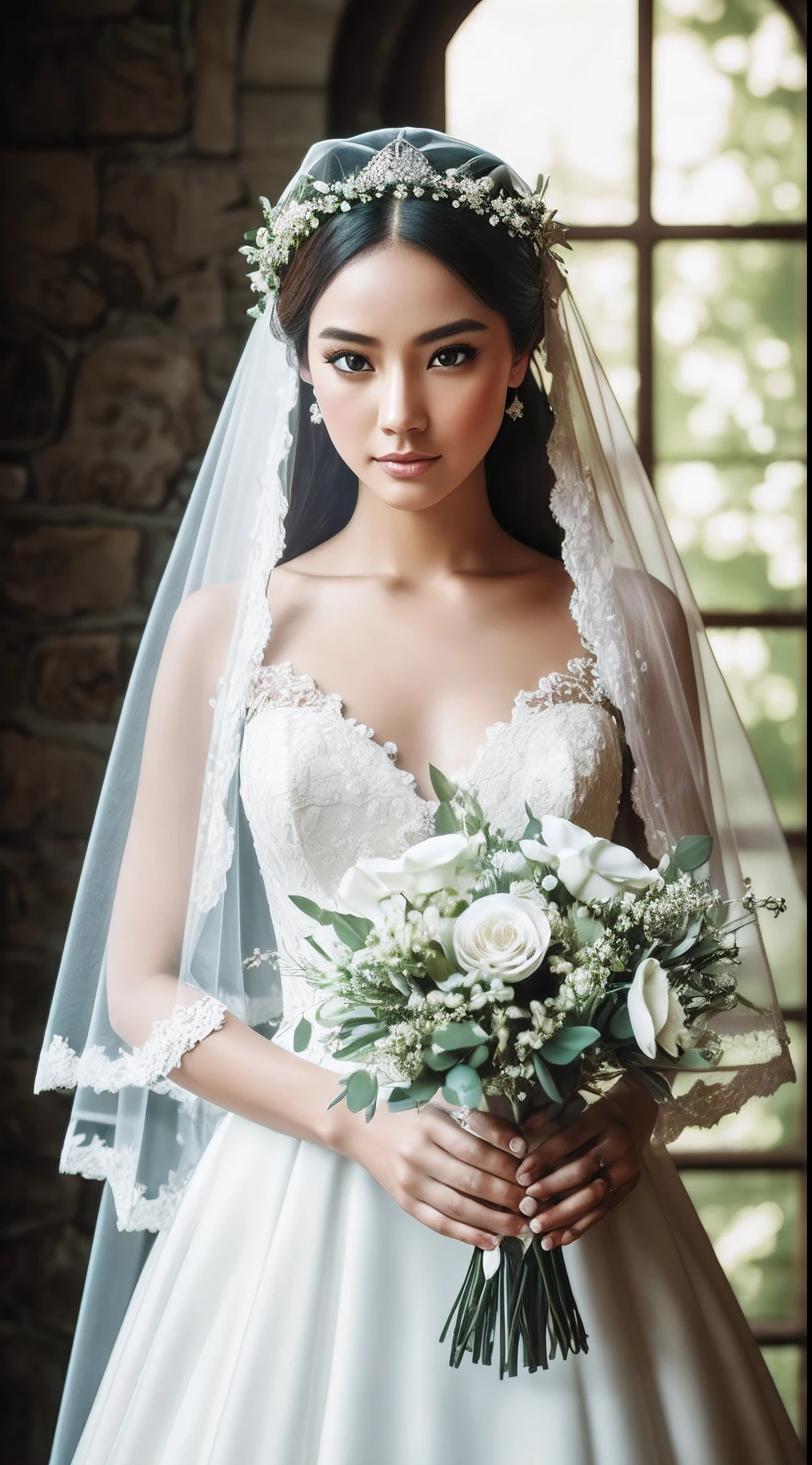 Masterpiece, highest quality, solo focus, complex (High detail: 1.1) (Perfect face: 1.1) white wedding dress, pretty Indonesia woman, lace, veil, fantasy, white flowers on head, bouquet in hand, Lee Jeff, a shining eye of Viking origin Leeds Nikon D850 Film Stock Photo 4 | Kodak Portra 400 Camera F1.6 Lens Rich colors Ultra realistic Realistic textures Dramatic lighting Unreal Engine Trending at Art Station CineStill 800 --auto