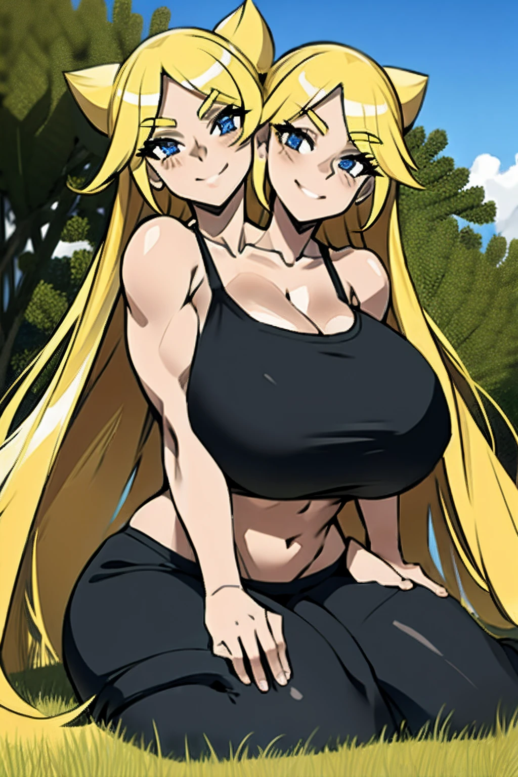 2heads, a short fat woman with 2 heads. She has enormous breasts. She is wearing a bikini top. She is wearing leggings. She is outside in a grassy park on a sunny day. She has gigantic breasts. She has muscular arms. She has very long blonde hair in a bun. She is smiling. She has big defined lips. She has mature breasts. She has thick thighs. She has a toned stomach. She has massive fat breasts.