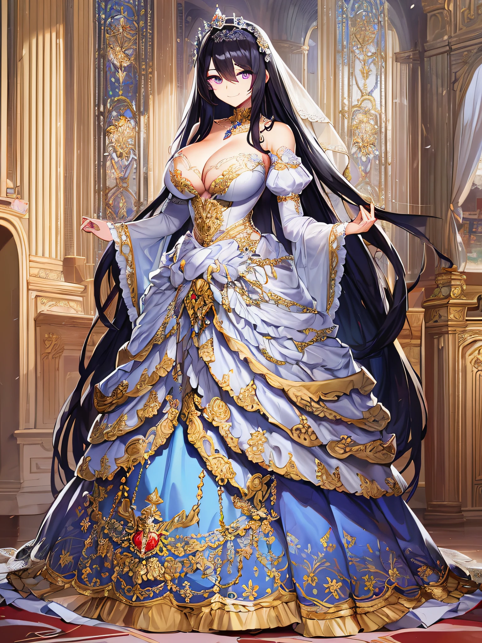 ((anime artstyle)),Masterpiece,Best Quality,Super Detail,Very Delicate and Beautiful,Solo,((full body)),((1 arrogant queen wearing beautiful embroidery gorgeous stately white rococo wedding dress with voluminous crinoline hoop skirt)),(gigantic tits,skindentation),jewel-like eyes,(((arrogant,haughty))),dominant pose,(haughty smile),Sharp eyes,Purple eyes,((Bangs between eyes,voluminous straight hair,extremely Long straight Hair)),black hair,gorgeous embroidery and lace,enormous puffed sleeves,luxury hair ornament,extremely gorgeousfull jeweled tiara,long train,bling-bling gorgeous gemstone jewelry,long wedding veil,detailed face and eyes,full body,standing in the sacred cathedral,((beautiful embroidery gorgeous stately white rococo wedding dress with voluminous crinoline hoop skirt))