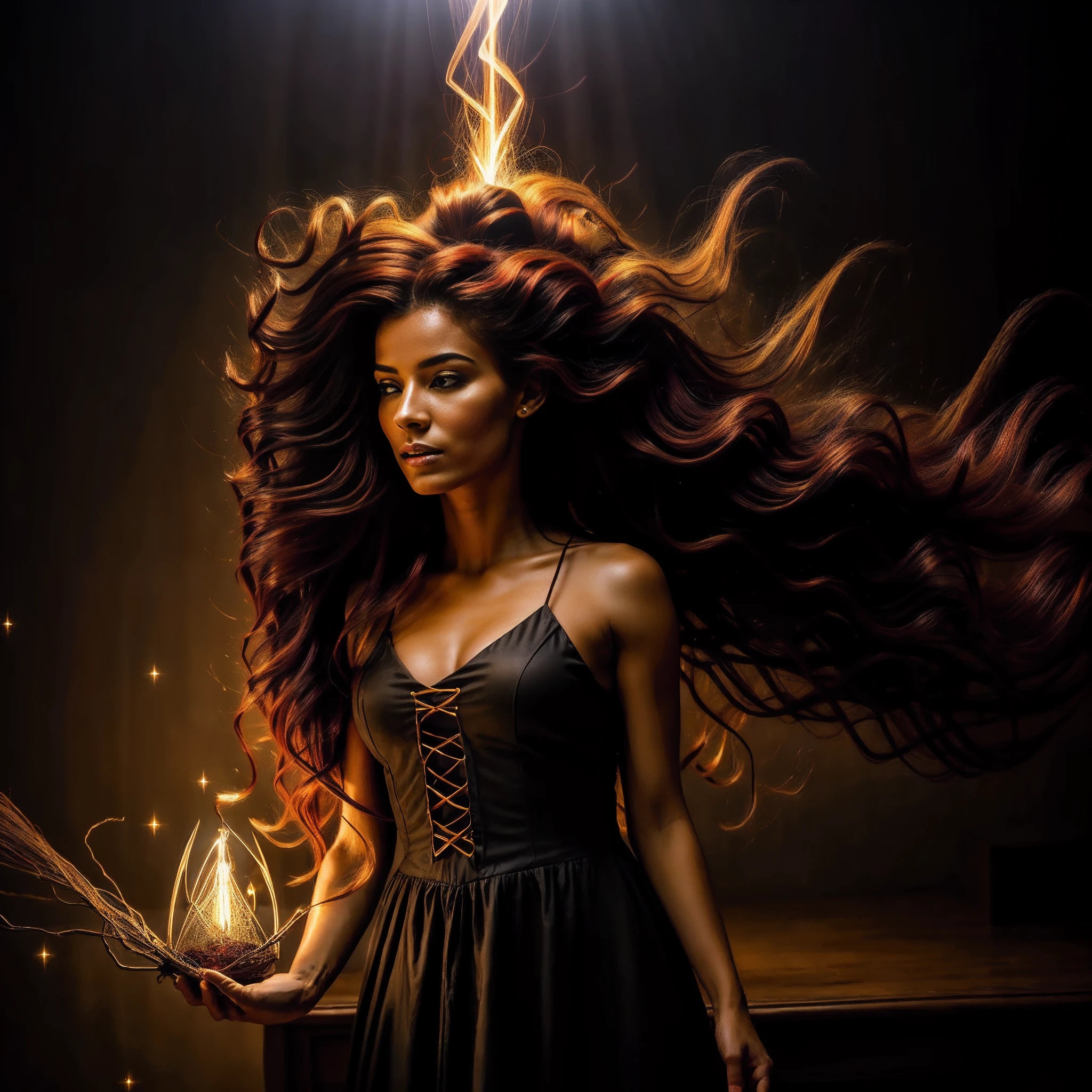 (obra maestra) (La mejor calidad) In a dark room of a strange reddish mist and golden sparks emerges a beautiful and beautiful witch of demonic appearance and great magical powers.... Your hair is being lifted upwards by a mysterious wind.