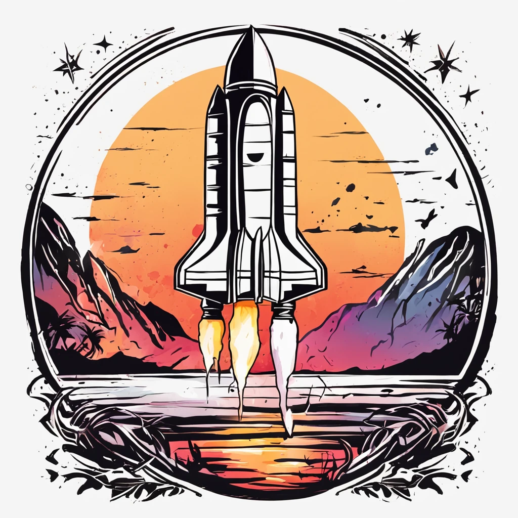 action shot of a rocket, planet, synthwave, tshirt vector, enclsoed in a circle, sunset, contour, white background, illustration