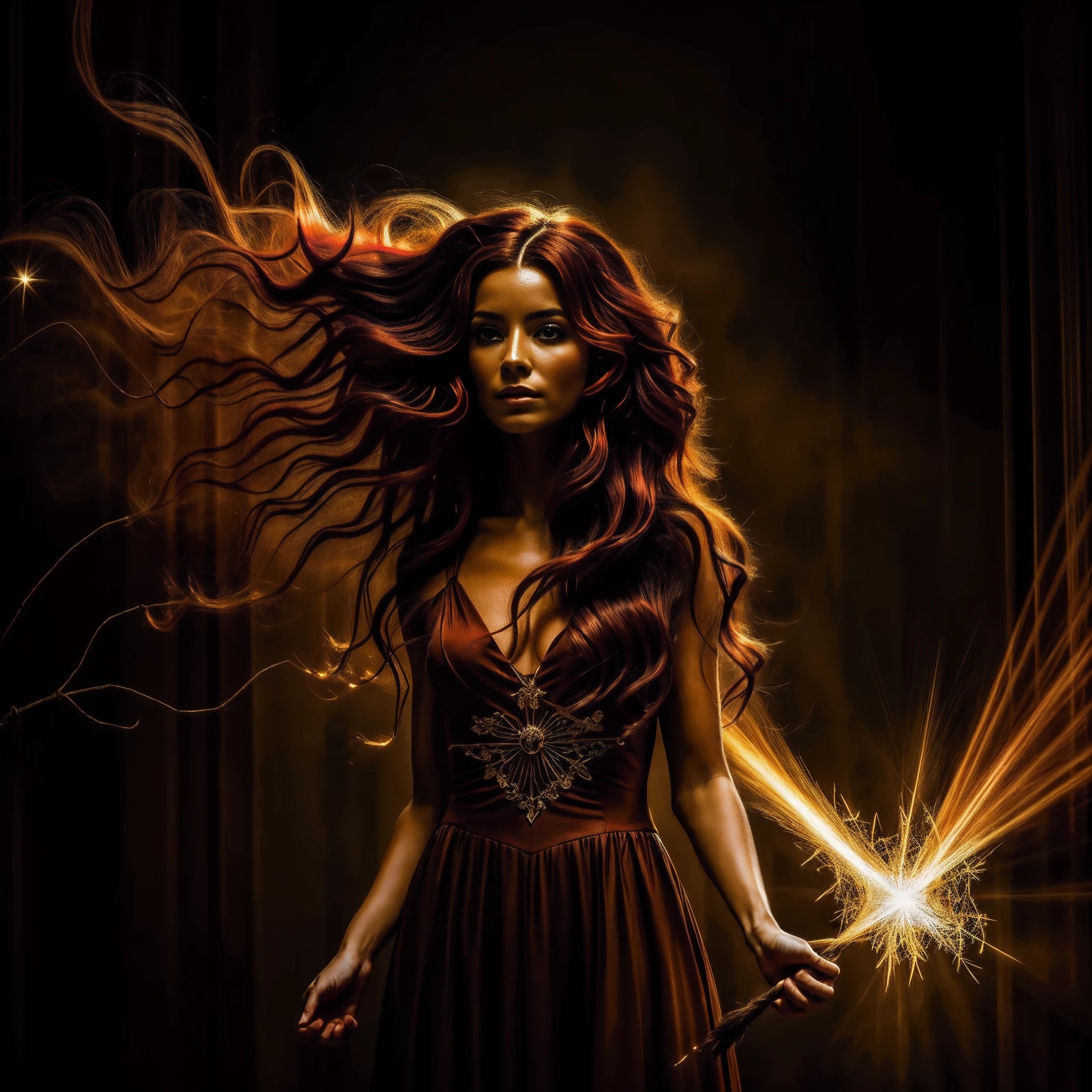 (obra maestra) (La mejor calidad) In a dark room of a strange reddish mist and golden sparks emerges a beautiful and beautiful witch of demonic appearance and great magical powers.... Your hair is being lifted upwards by a mysterious wind.