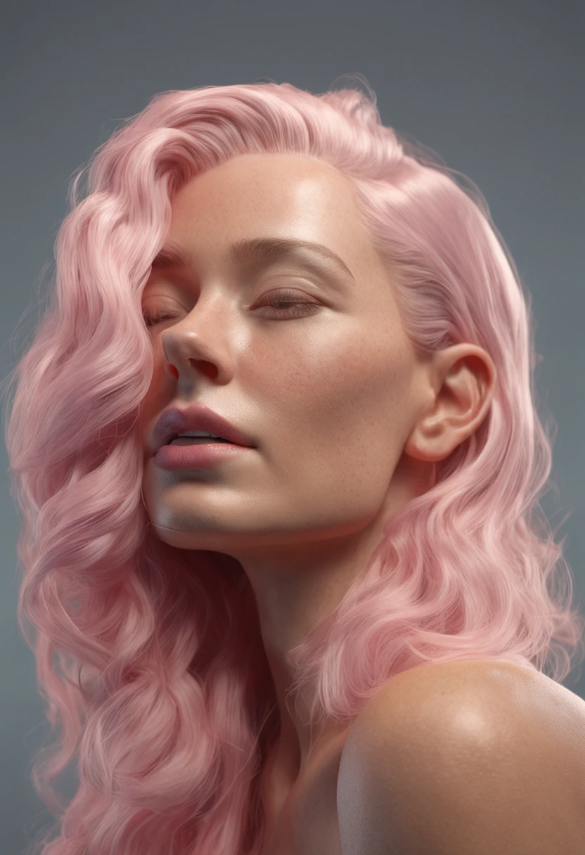 A breathtaking hyperrealistic 3D woman with light pink hair, his hand gracefully hovering close to his face, Criando uma obra de arte.
