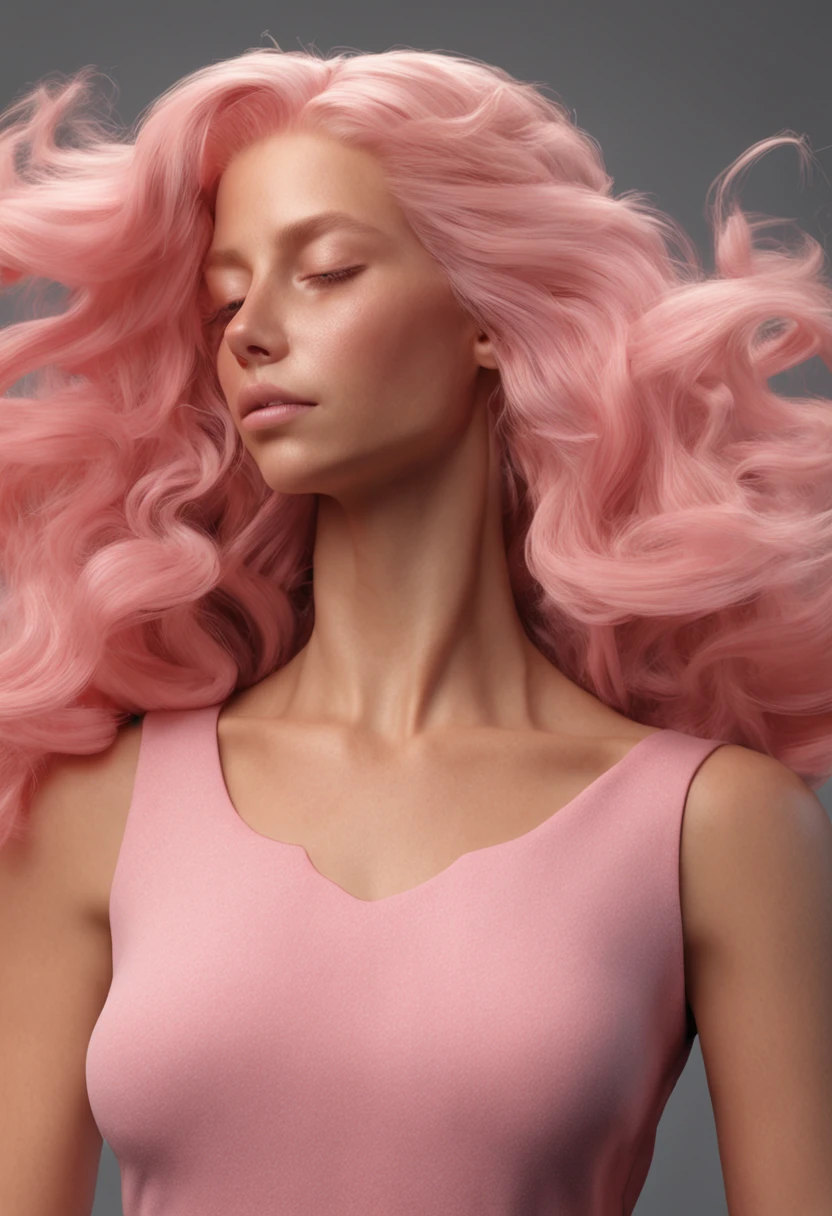 A breathtaking hyperrealistic 3D woman with light pink hair, his hand gracefully hovering close to his face, Criando uma obra de arte.
