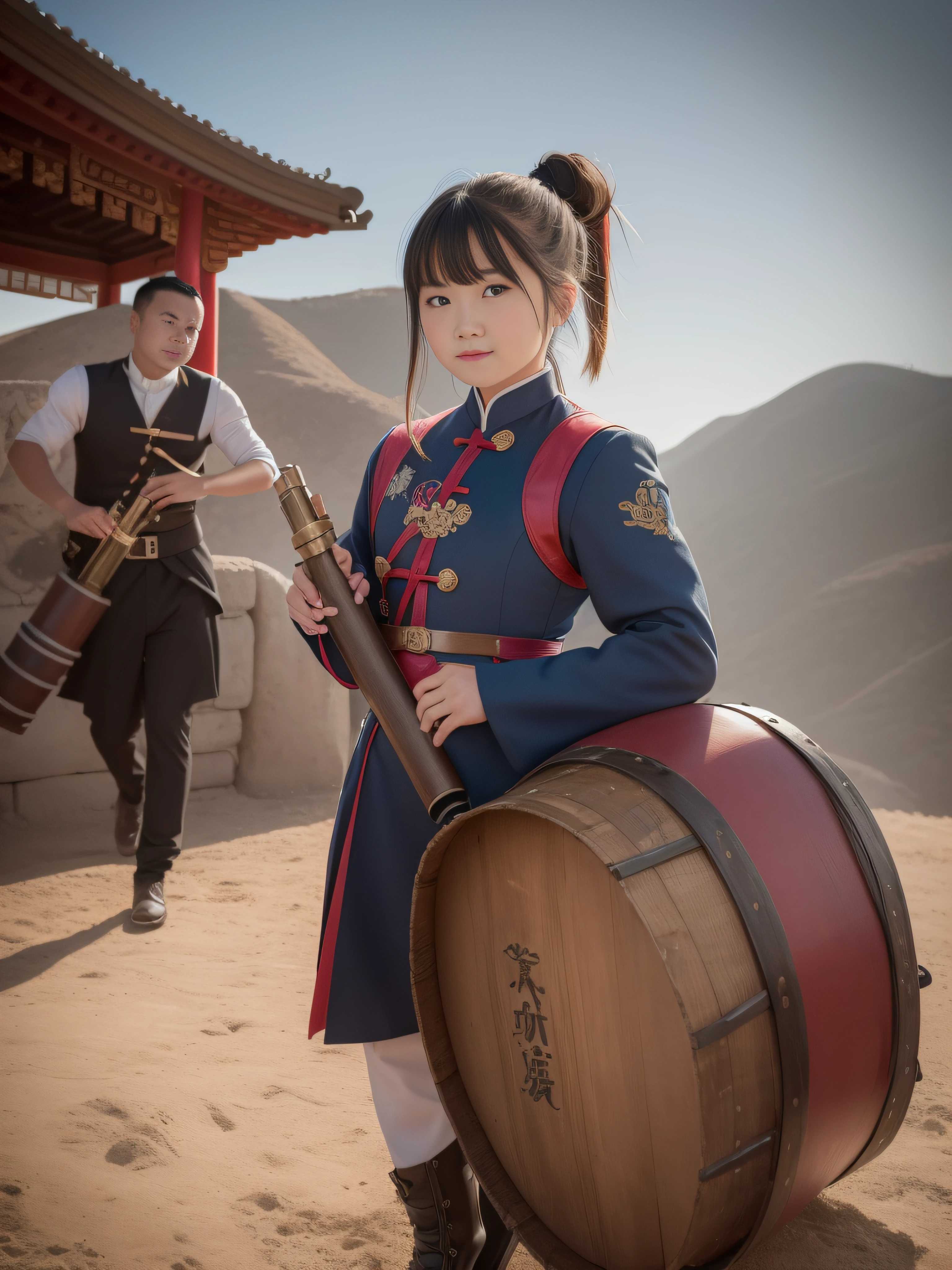 2 men and women,The handsome Chinese guy carried the barrel of a circus cannon on his shoulder,Beautiful Chinese girls lie straight inside the barrel of this cannon in a belly-down position,And the girl's whole body is inside the barrel of this cannon, only her head is exposed outside the barrel mouth,The girl looked up and smiled,Girls are single ponytail hairstyles