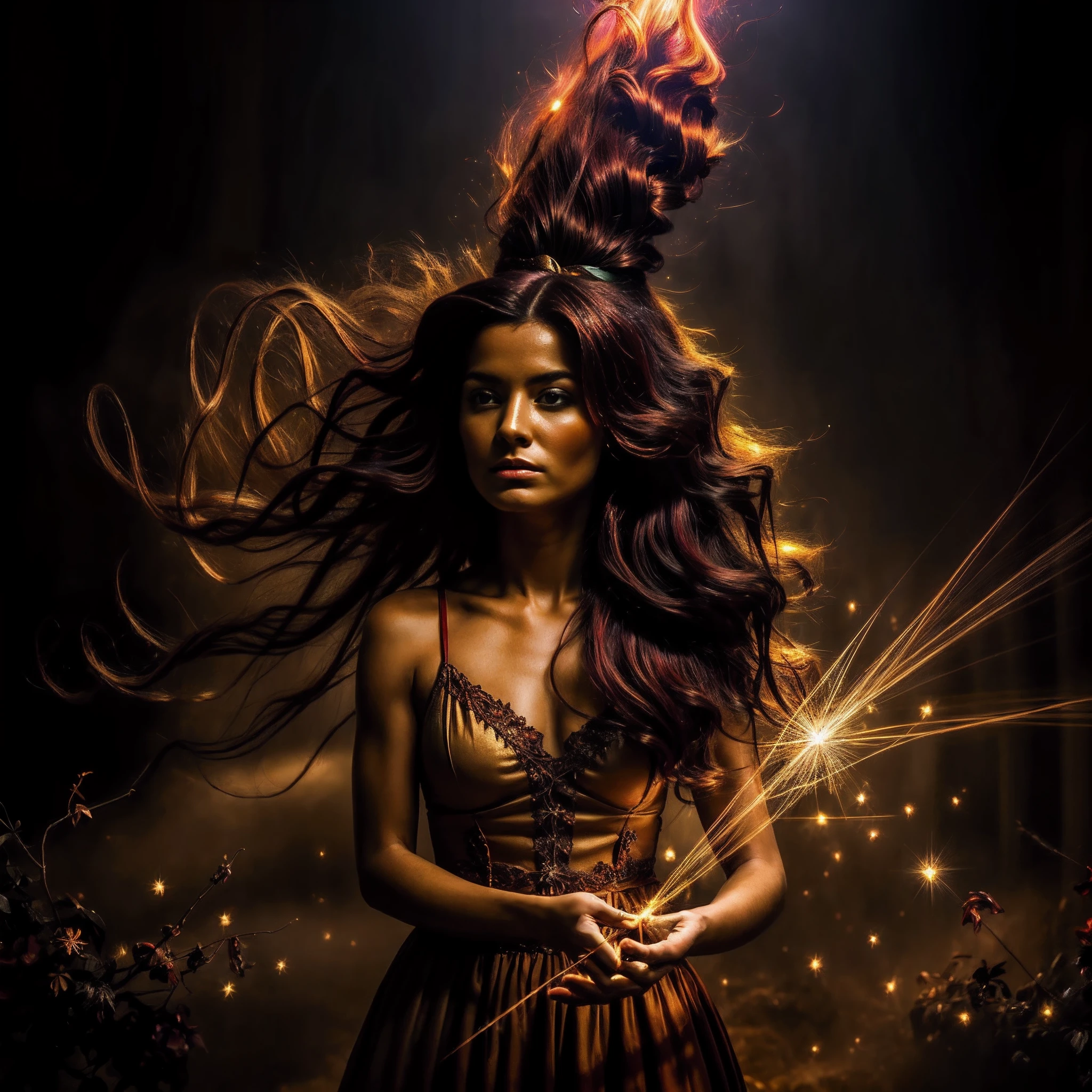 (obra maestra) (La mejor calidad) In a dark room of a strange reddish mist and golden sparks emerges a beautiful and beautiful witch of demonic appearance and great magical powers..... Your hair is being lifted upwards by a mysterious wind.